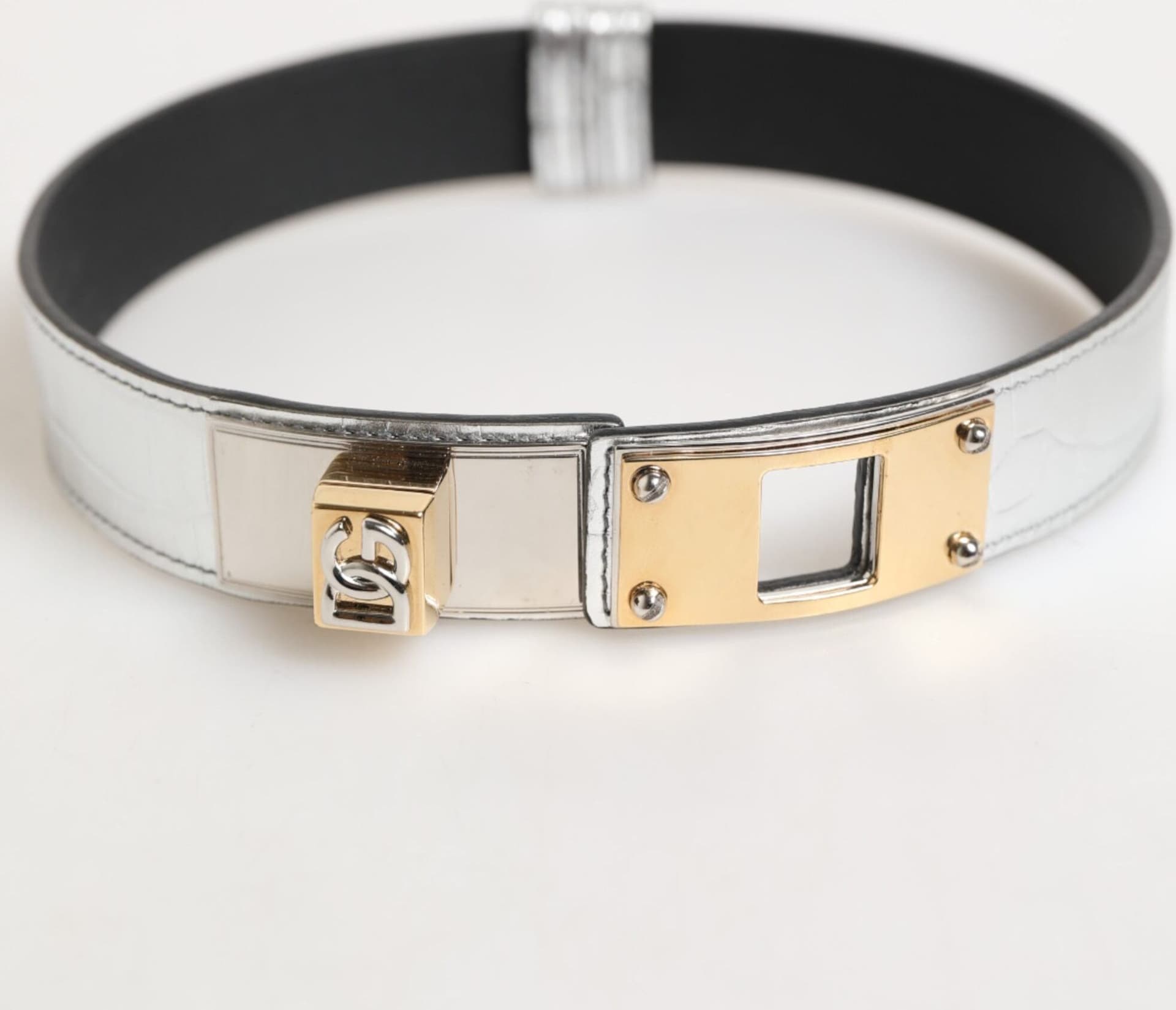 Silver Textured Leather Gold Tone Metal Neckband - 6