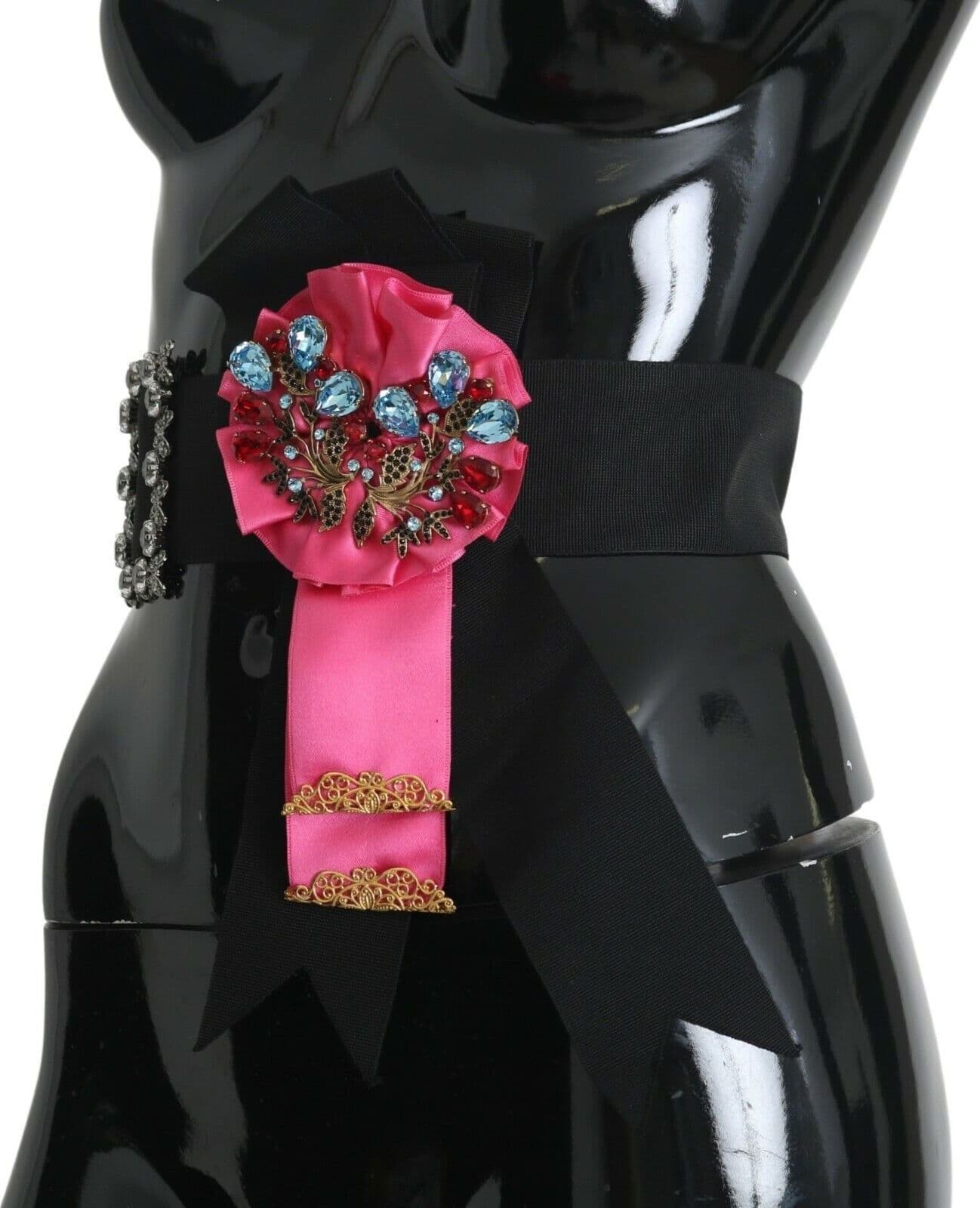 Black Pink Flower Brooch Crystals Cotton Belt - 2