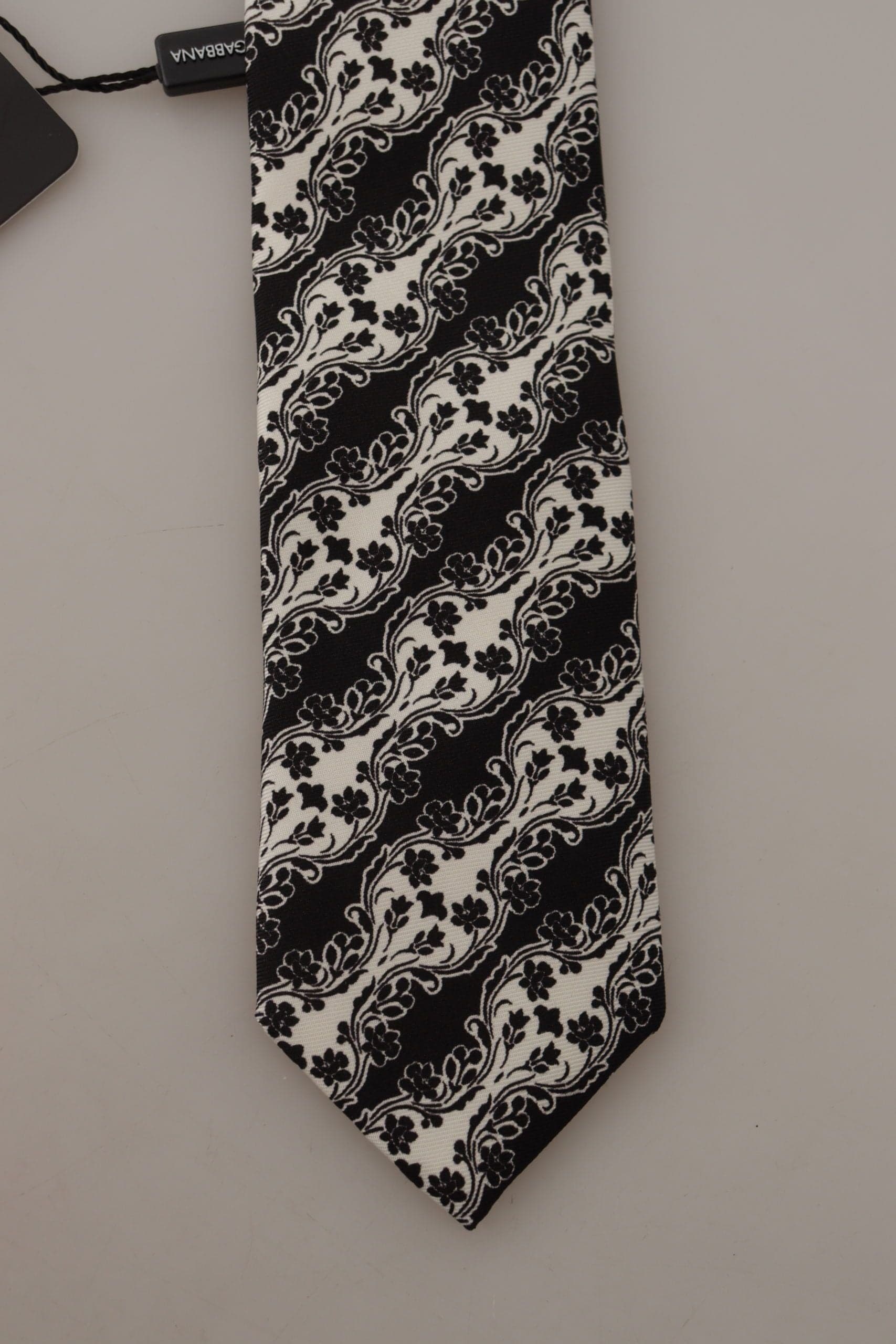 Black White Flower 100% Silk Print Adjustable Accessory Tie - 2