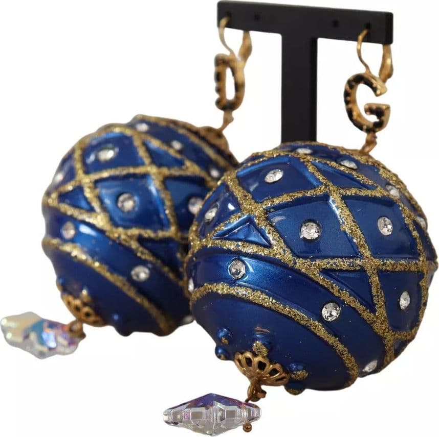 Gold Brass Blue Christmas Ball Crystal Hook Jewelry Earrings - 5