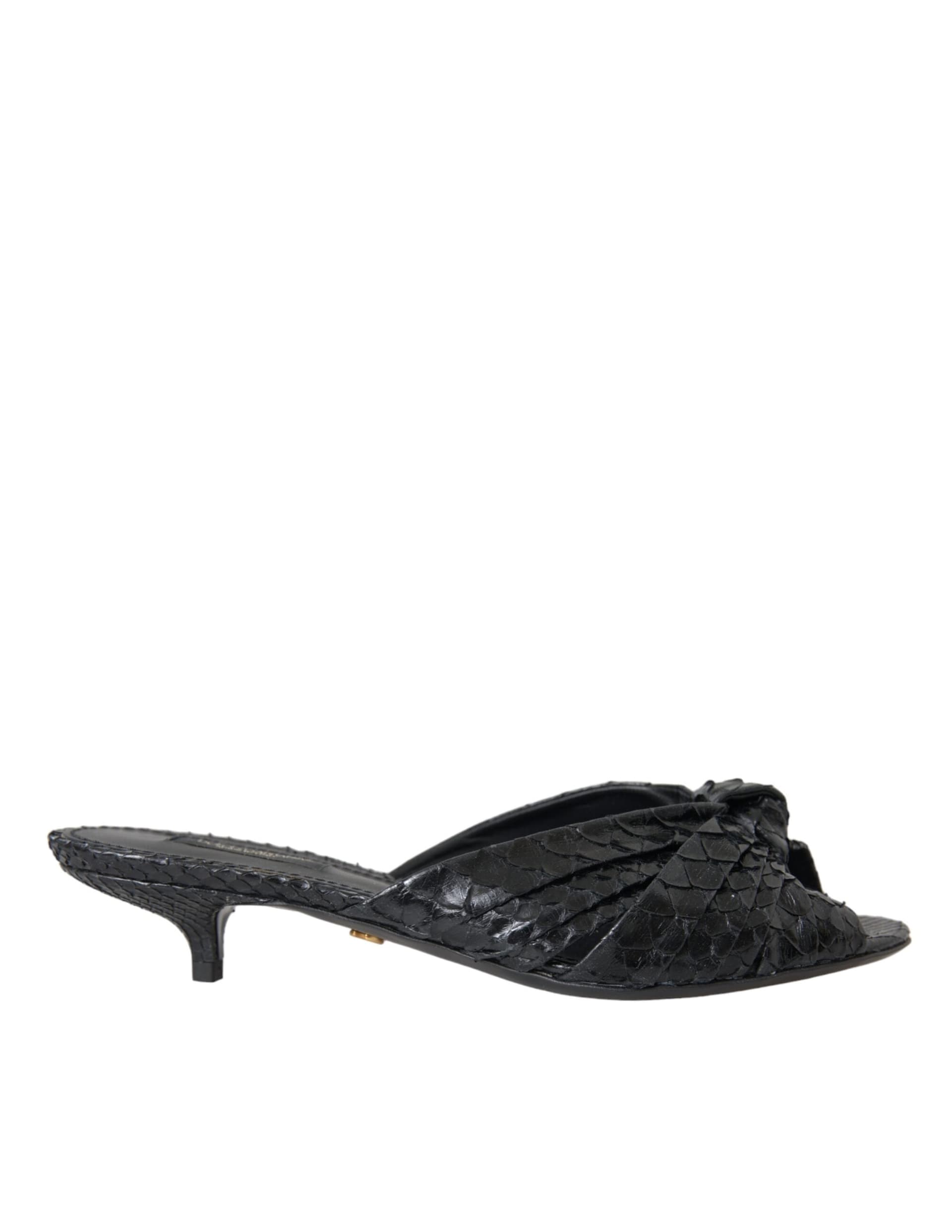 Black Exotic Leather Heels Slides Shoes - 5