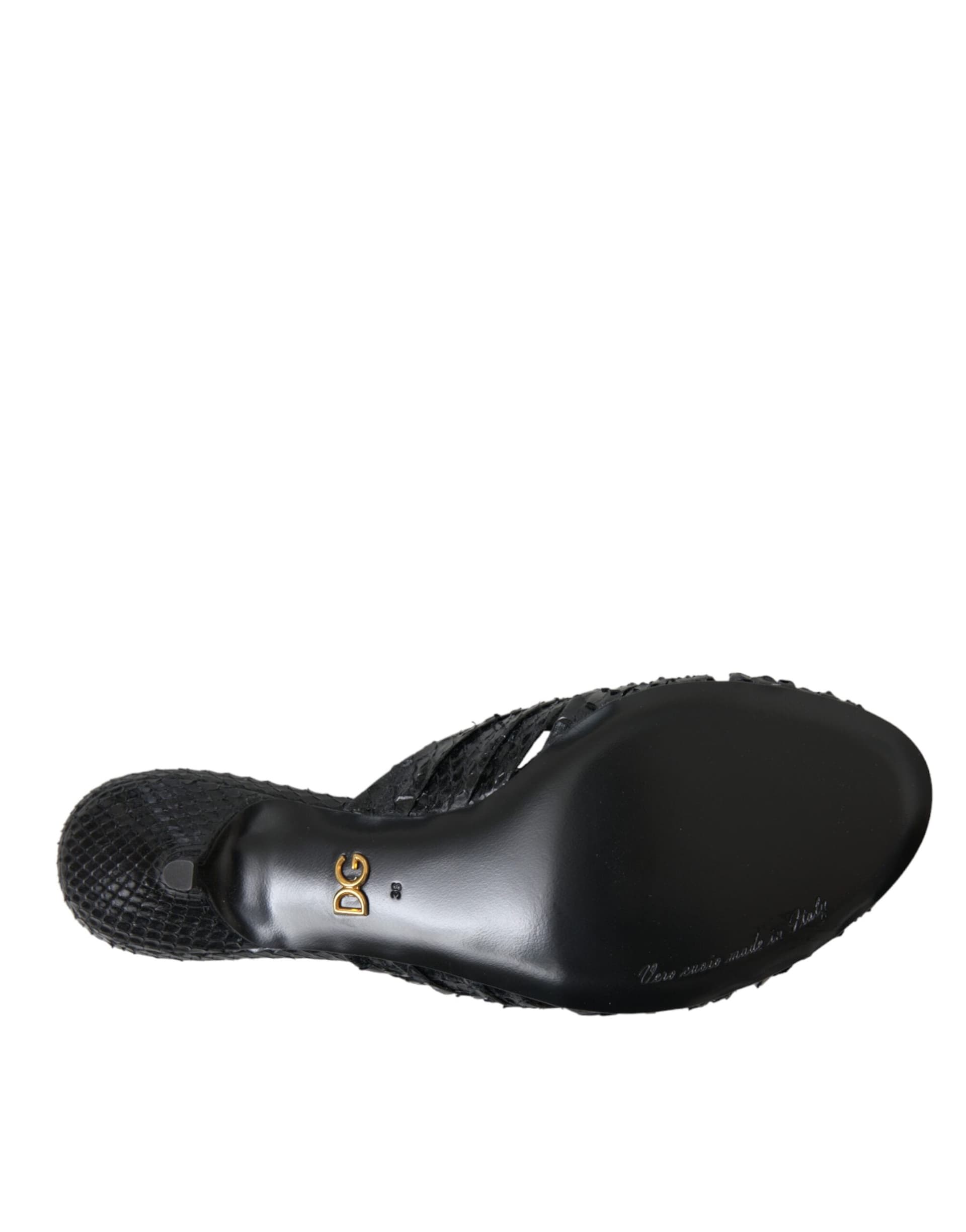 Black Exotic Leather Heels Slides Shoes - 6