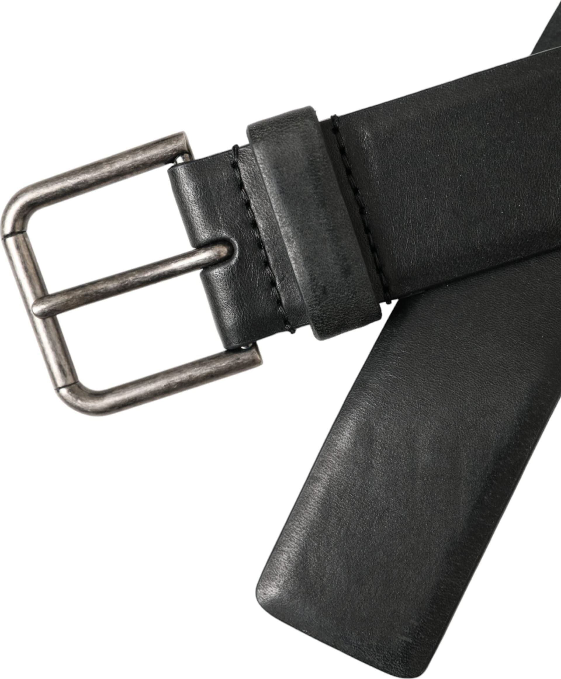 Black Calf Leather Silver Metal Buckle Belt - 5