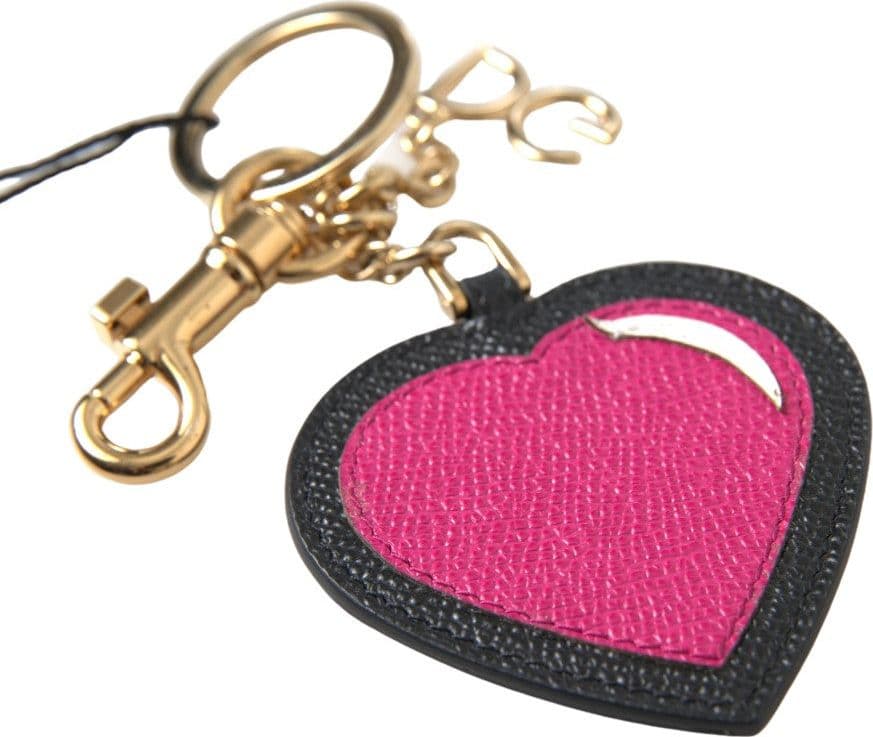 Black Fuchsia Heart Leather Gold Metal Keyring Keychain - 2