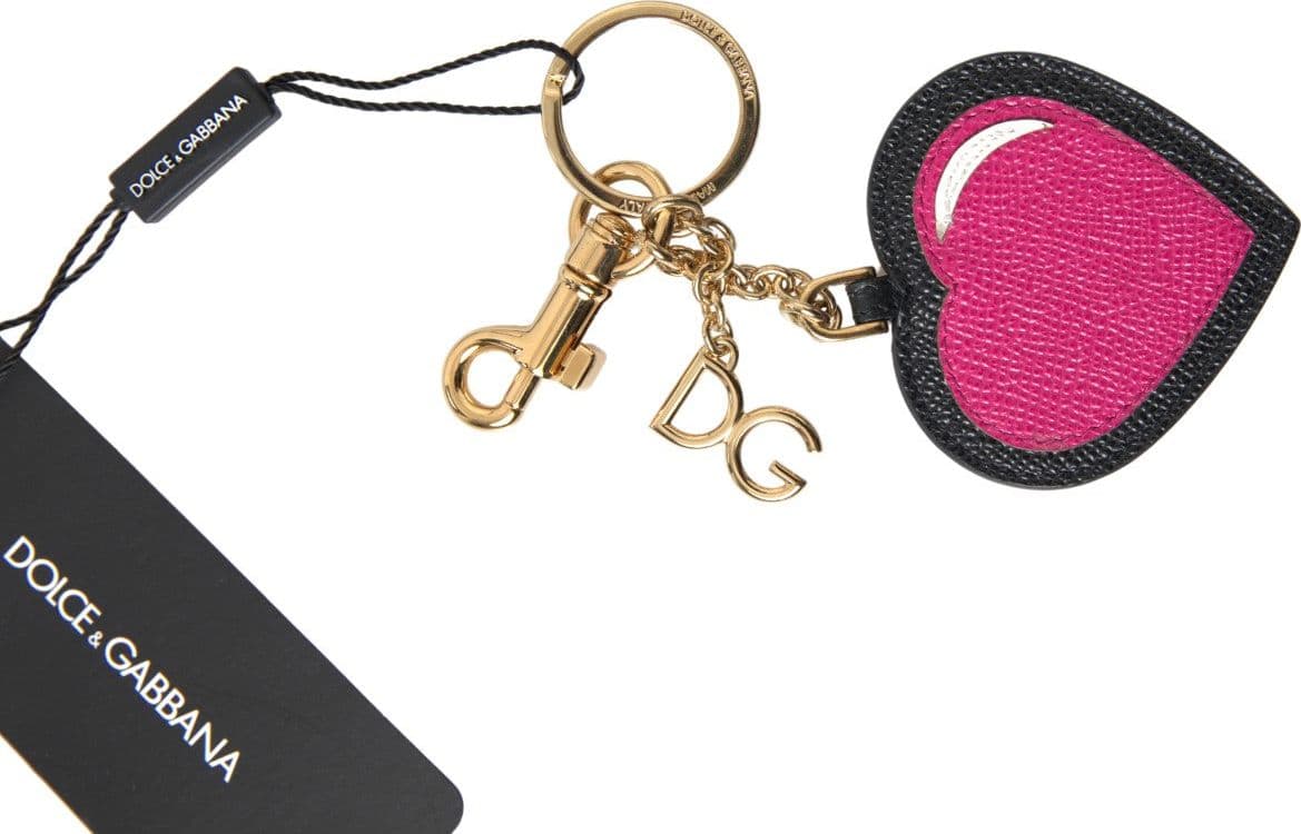 Black Fuchsia Heart Leather Gold Metal Keyring Keychain - 3