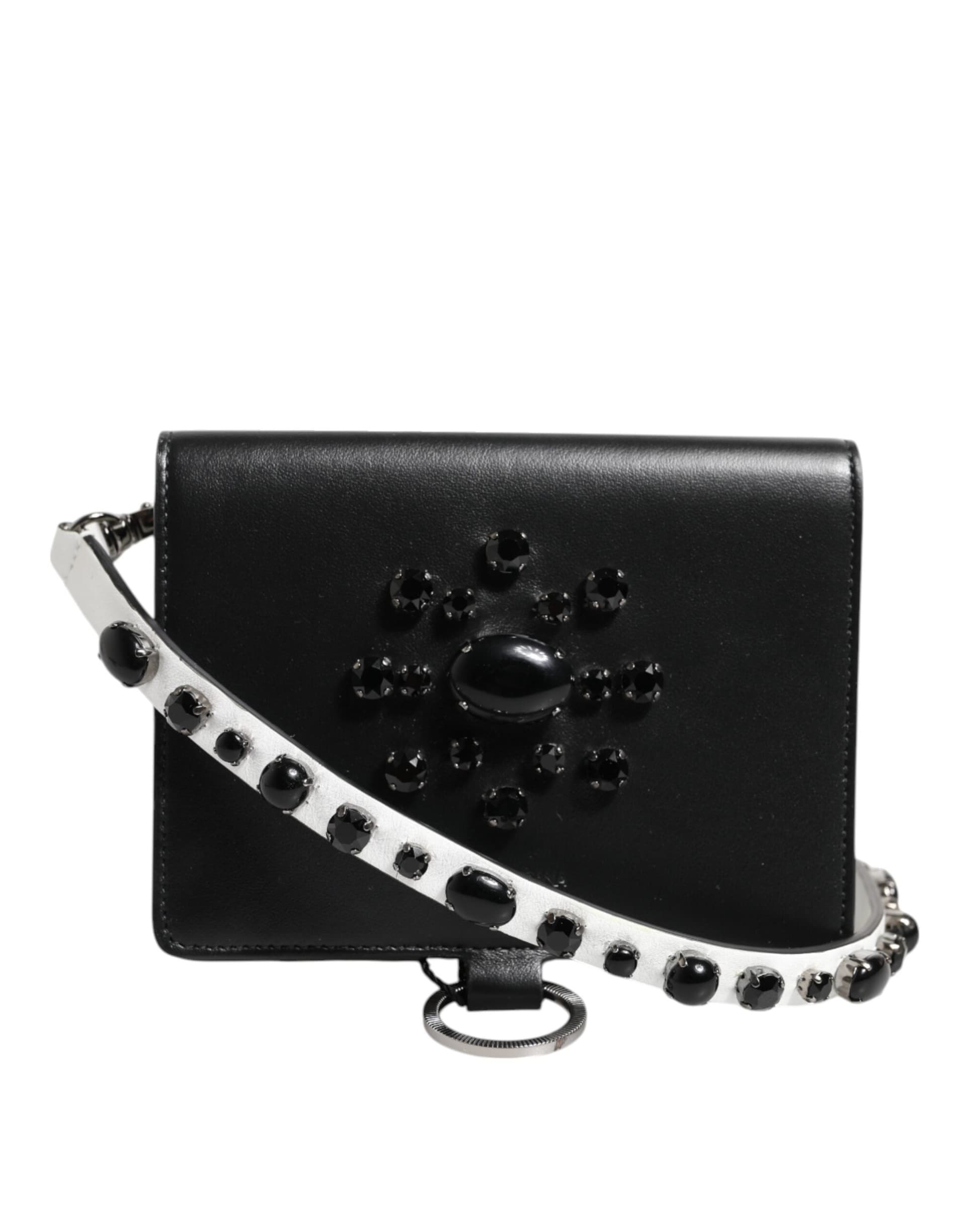 Black Leather Crystal Embellished Card Holder Wallet - 2