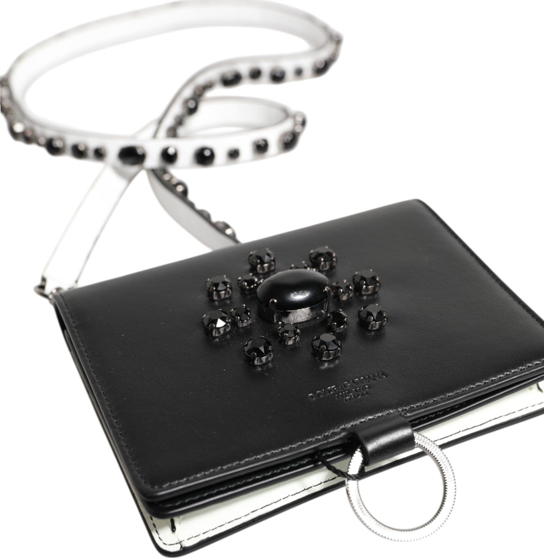 Black Leather Crystal Embellished Card Holder Wallet - 6