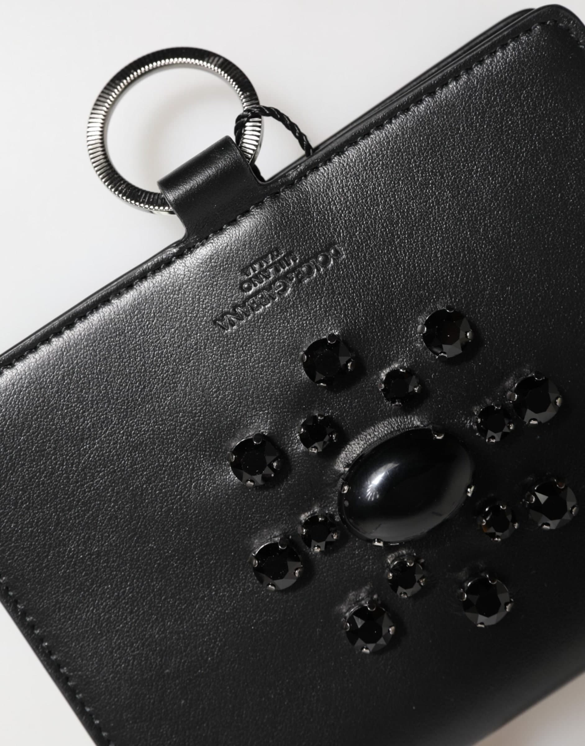 Black Leather Crystal Embellished Card Holder Wallet - 7
