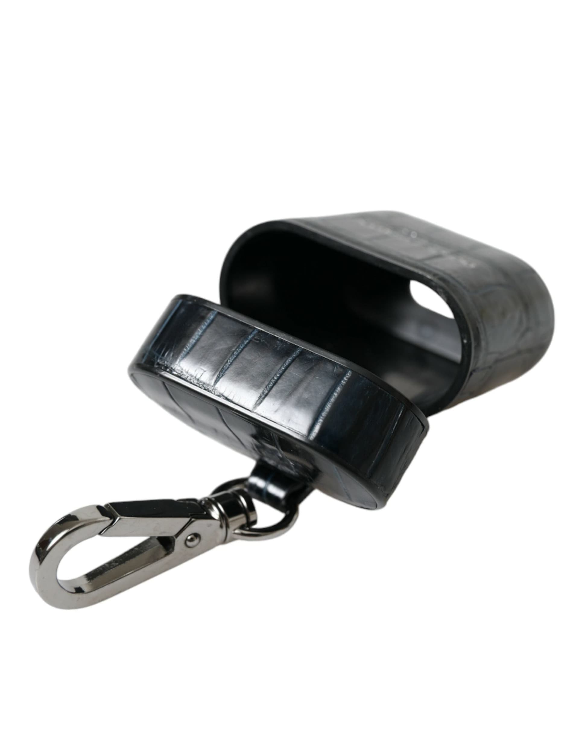 Black Crocodile Leather Silver Metal Logo Airpods Case - 6