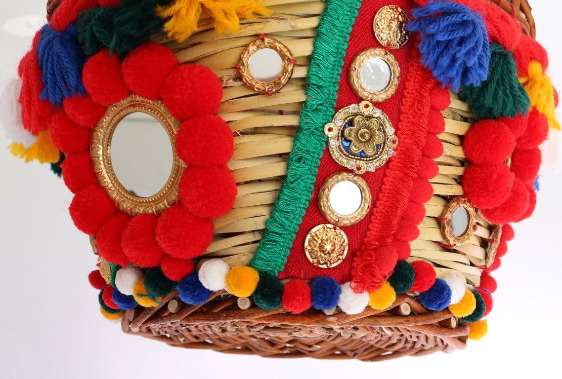 Multicolor AGNESE Straw Crystal  Pom Pom Bag - 5