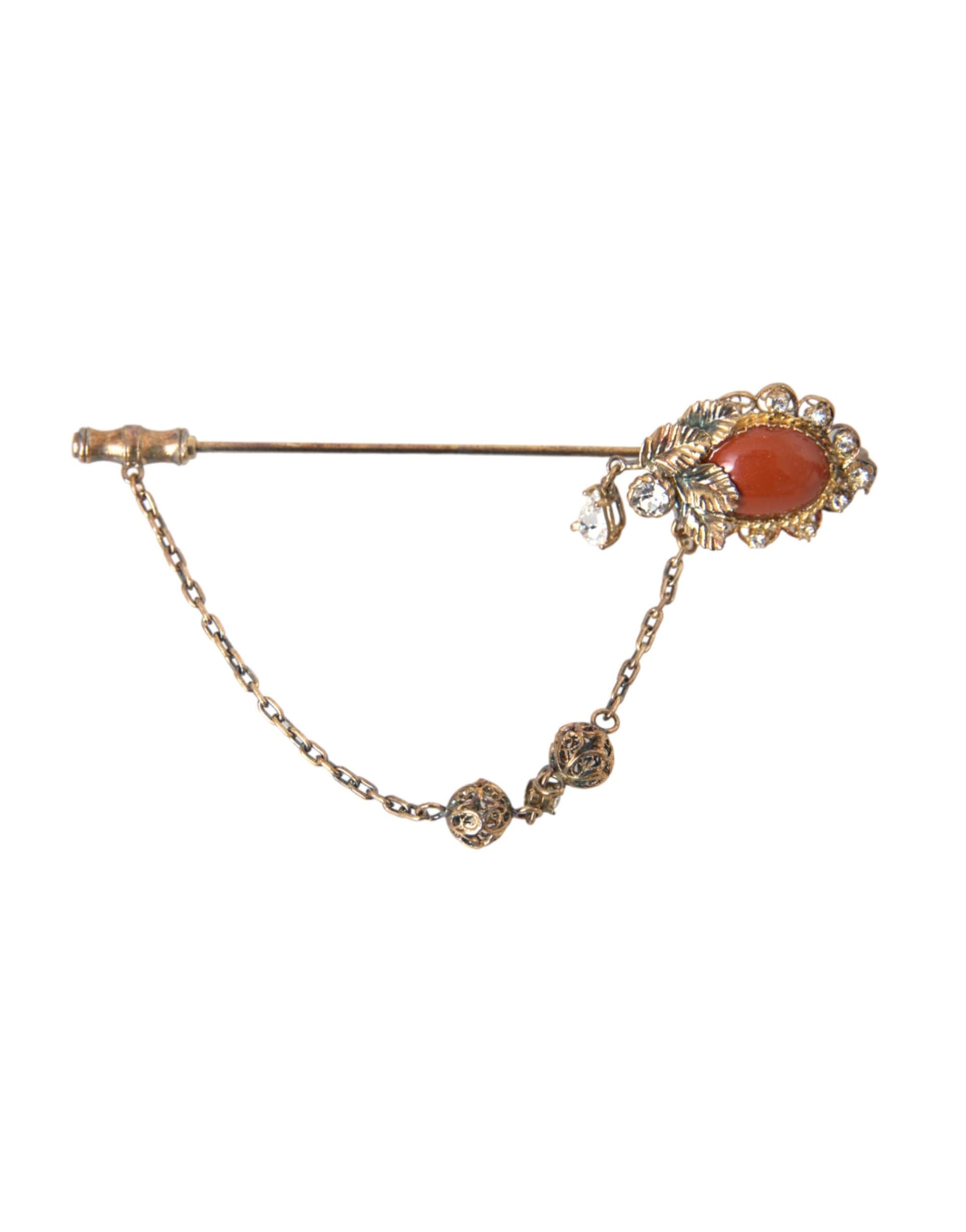 Gold Brass Crystal Chain 925 Sterling Silver Pin Brooch - 2