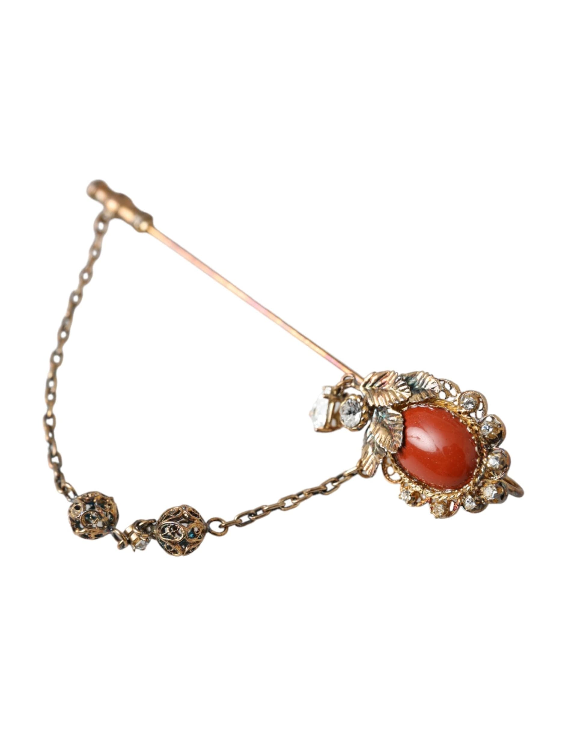 Gold Brass Crystal Chain 925 Sterling Silver Pin Brooch - 3