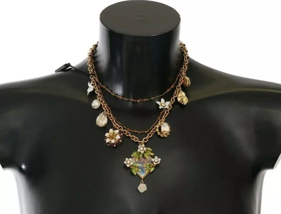 Gold Brass Crystal Floral Statement Charms Necklace - 2