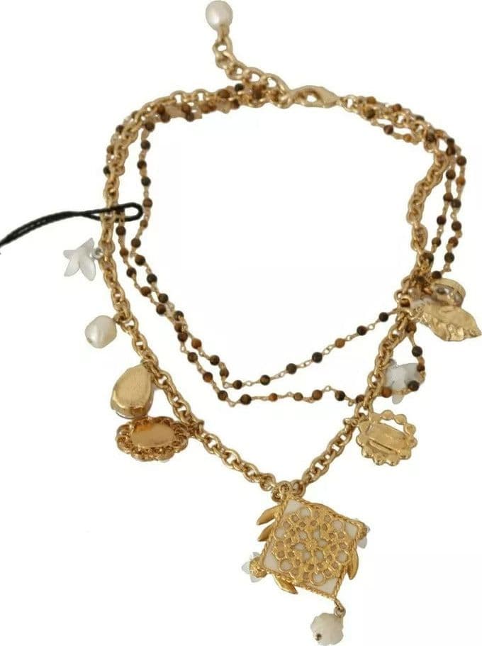 Gold Brass Crystal Floral Statement Charms Necklace - 3