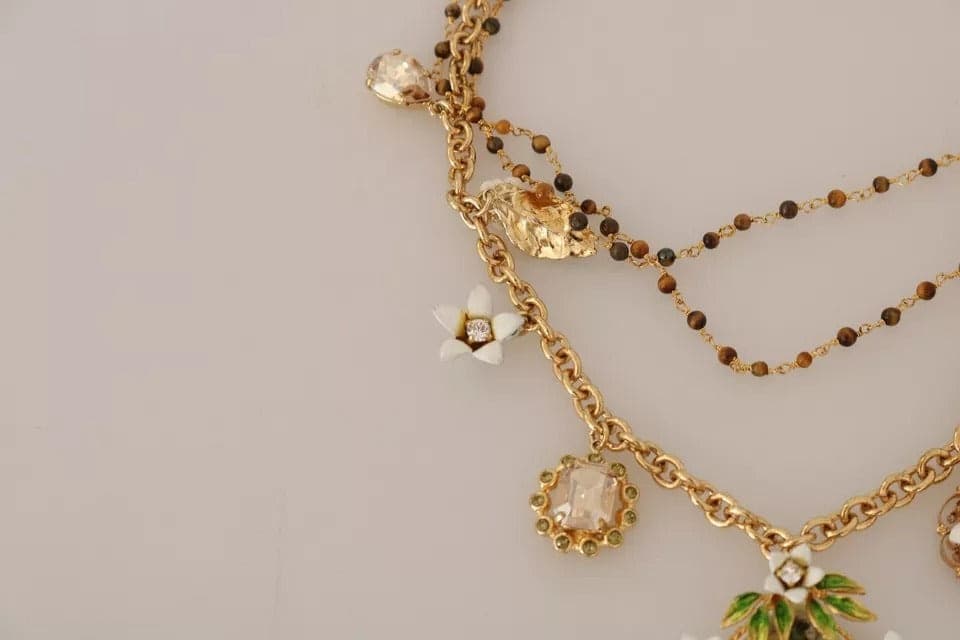 Gold Brass Crystal Floral Statement Charms Necklace - 5