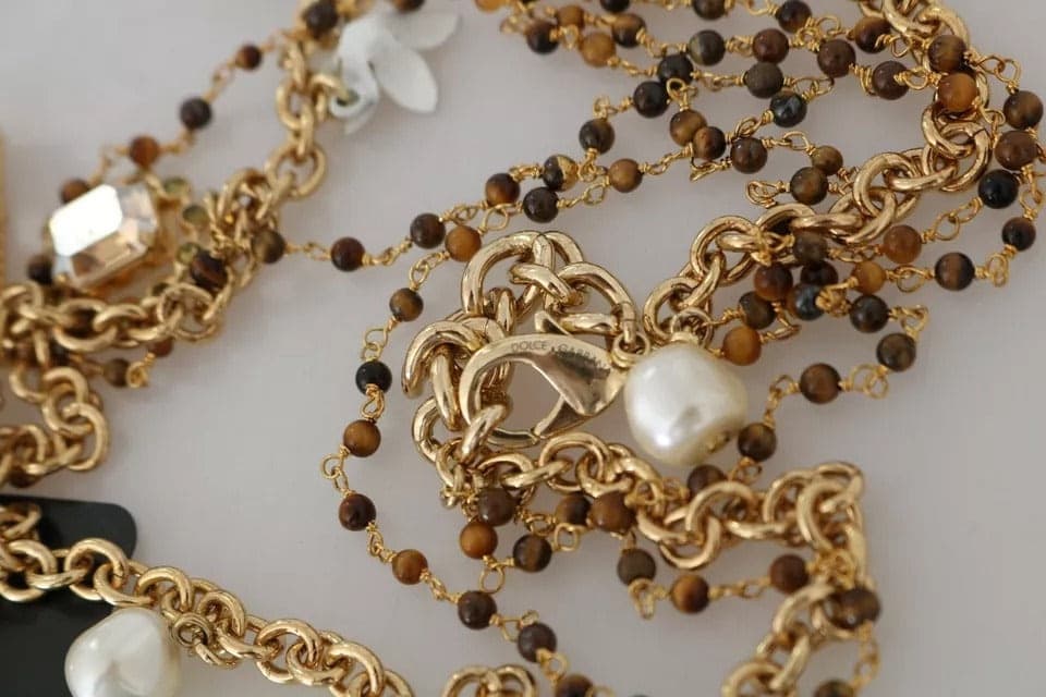 Gold Brass Crystal Floral Statement Charms Necklace - 6