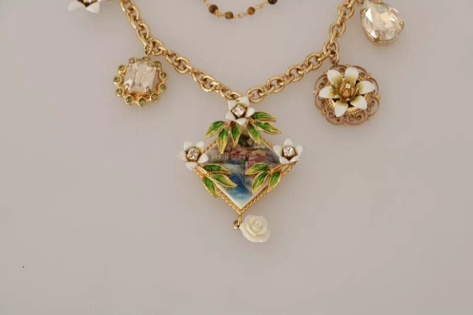Gold Brass Crystal Floral Statement Charms Necklace - 8