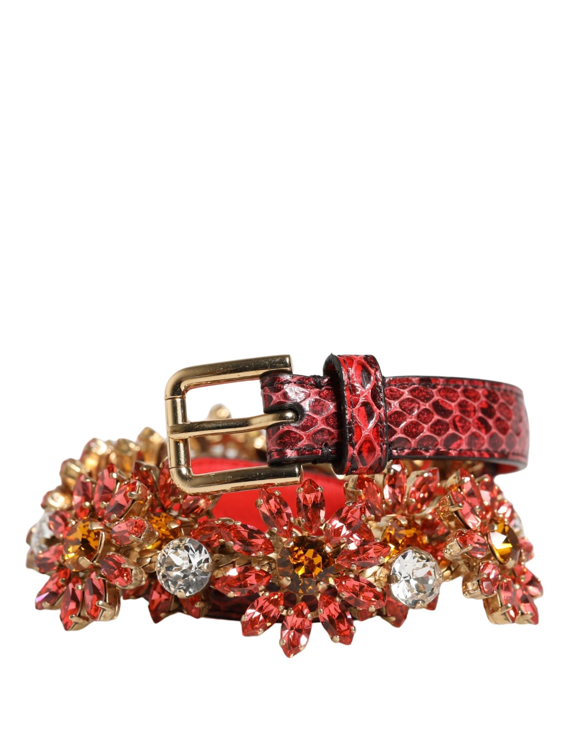 Red Leather Daisy Crystal Embellished Waist Belt - 2