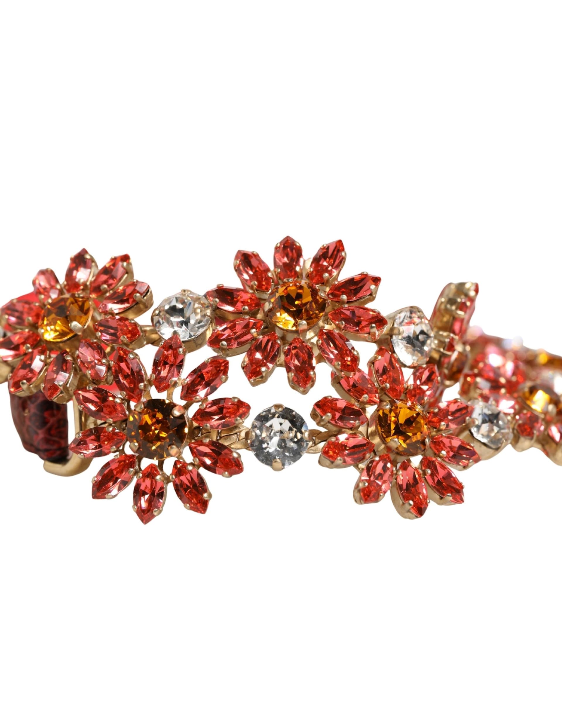 Red Leather Daisy Crystal Embellished Waist Belt - 5
