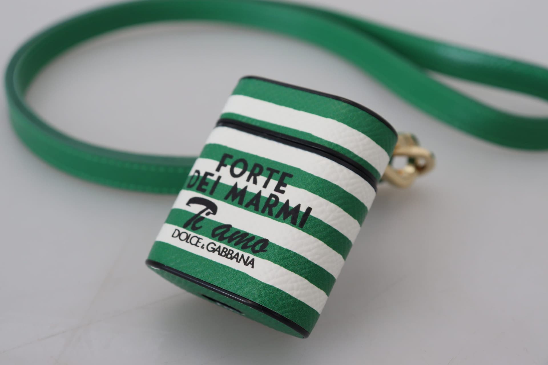 Green Leather Strap Gold Metal Logo Airpods Case - 4