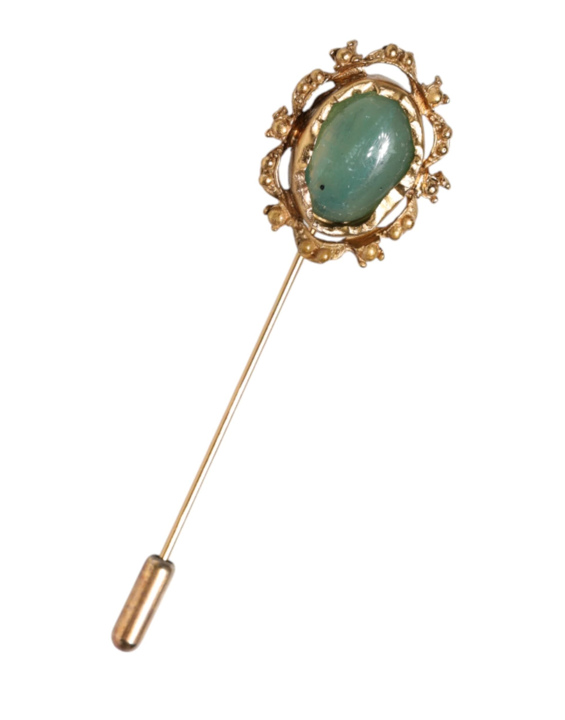 Gold Tone Green Stone Antique Men Accessory Brooch Pin - 2