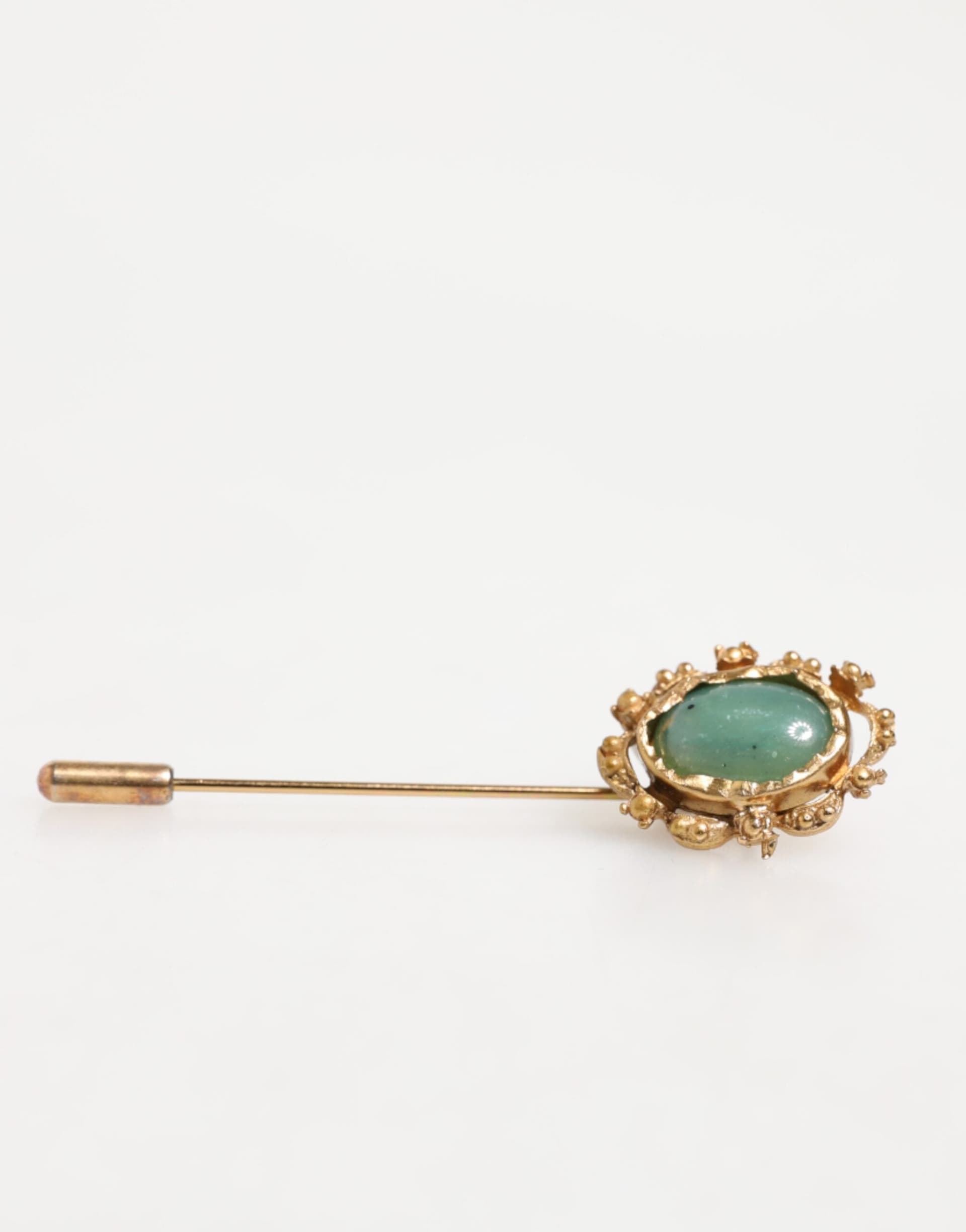 Gold Tone Green Stone Antique Men Accessory Brooch Pin - 5