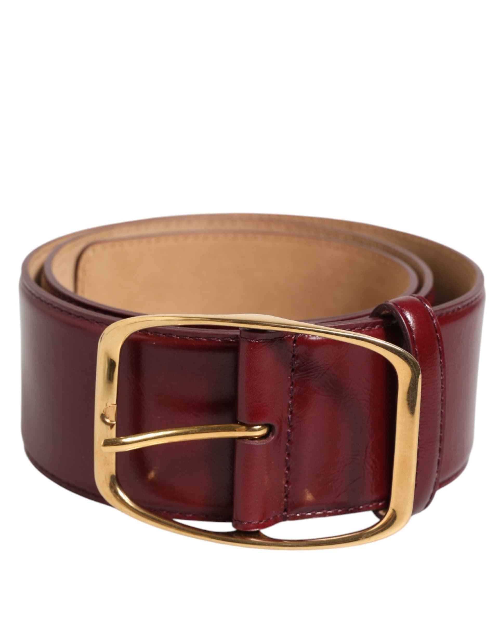 Burgundy Leather Gold Metal Buckle Women Belt - 2