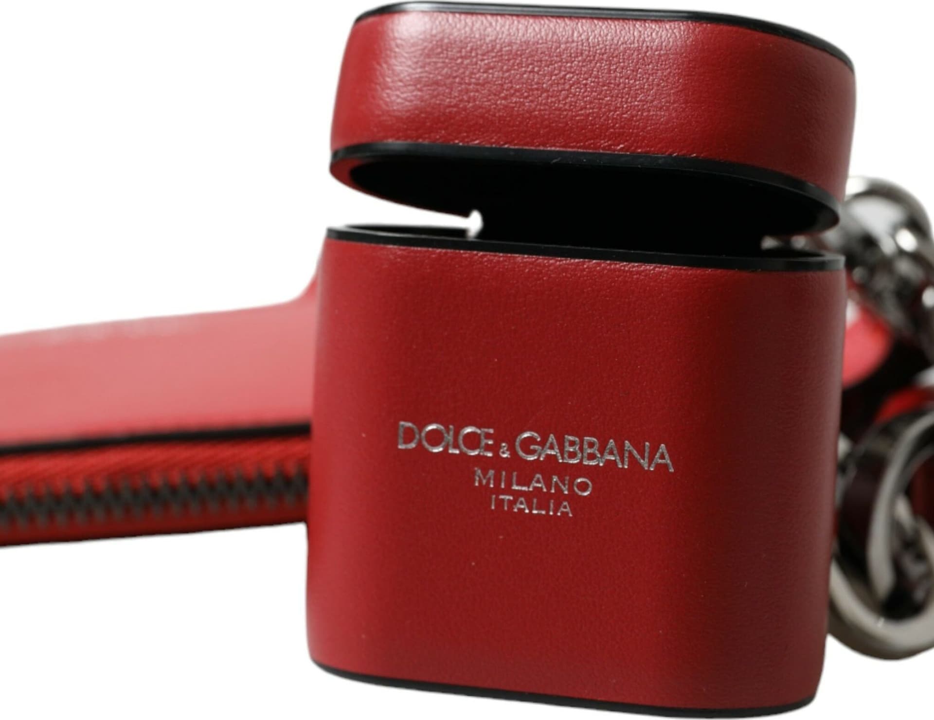 Red Leather Silver Metal Logo Strap Pouch Airpods Case - 4