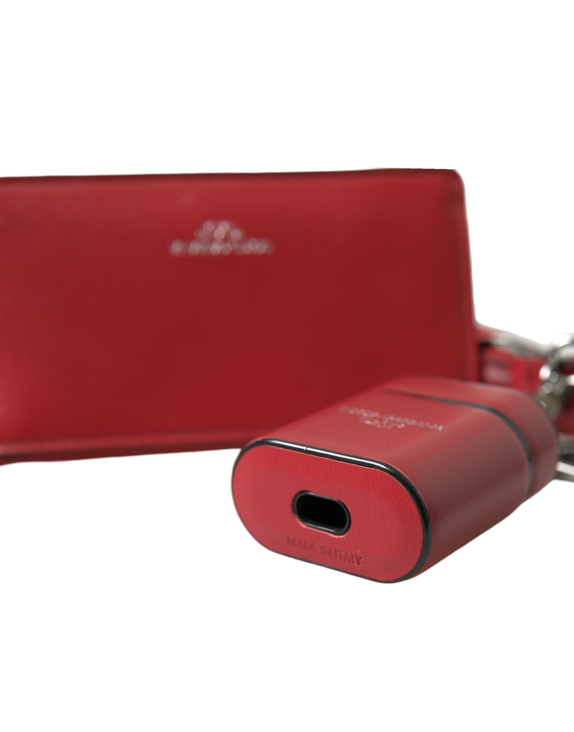 Red Leather Silver Metal Logo Strap Pouch Airpods Case - 5