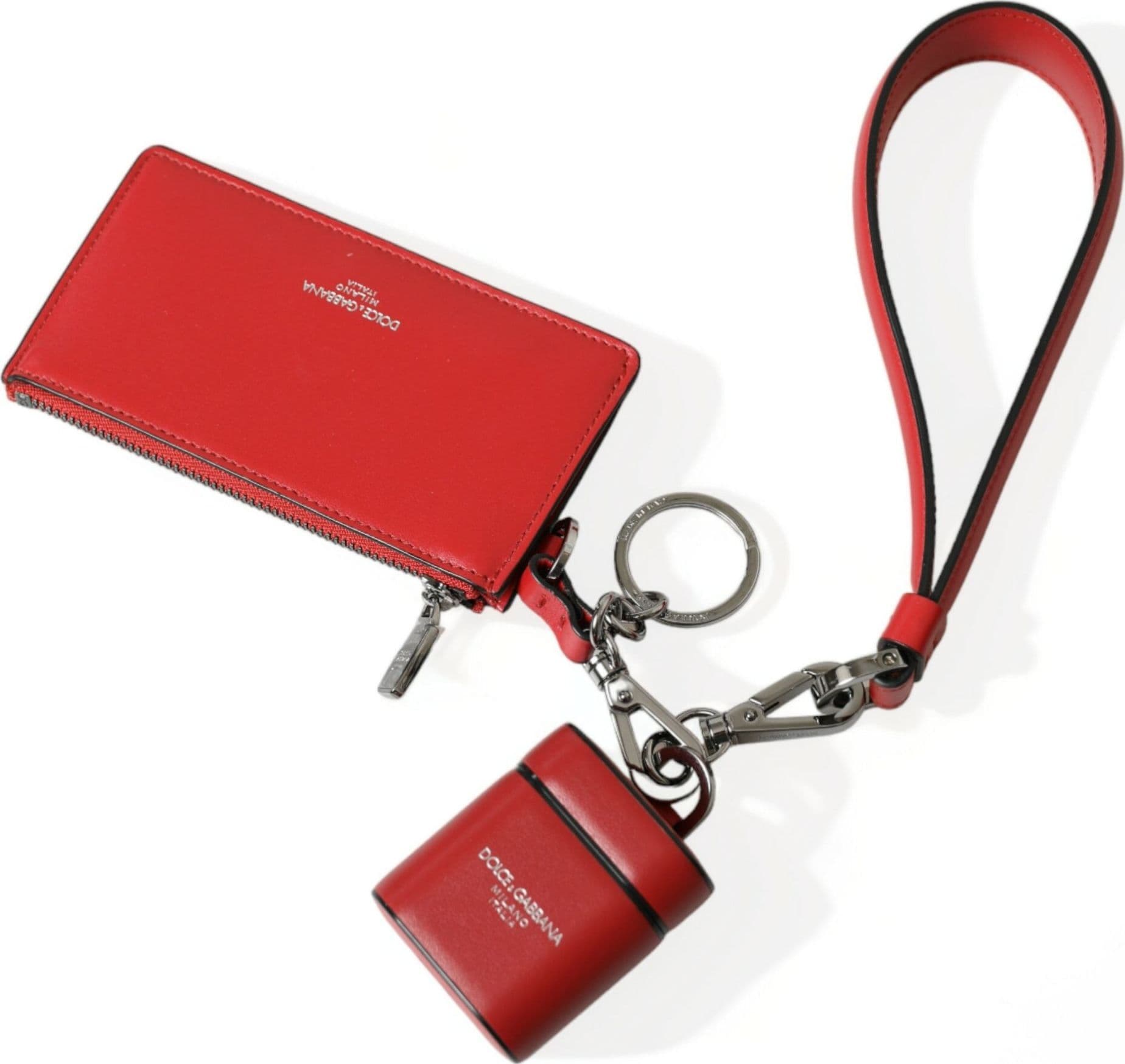 Red Leather Silver Metal Logo Strap Pouch Airpods Case - 6