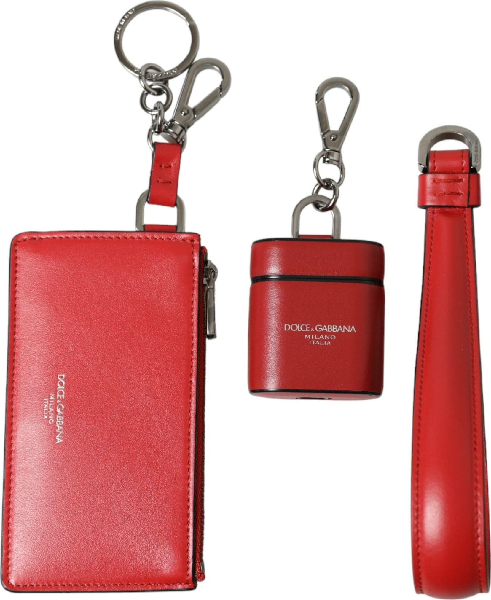 Red Leather Silver Metal Logo Strap Pouch Airpods Case - 7