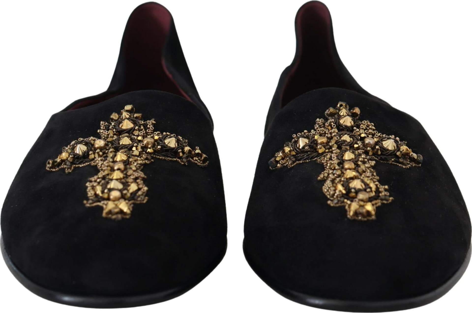 Black Suede Gold Cross Slip On Loafers Shoes - 4