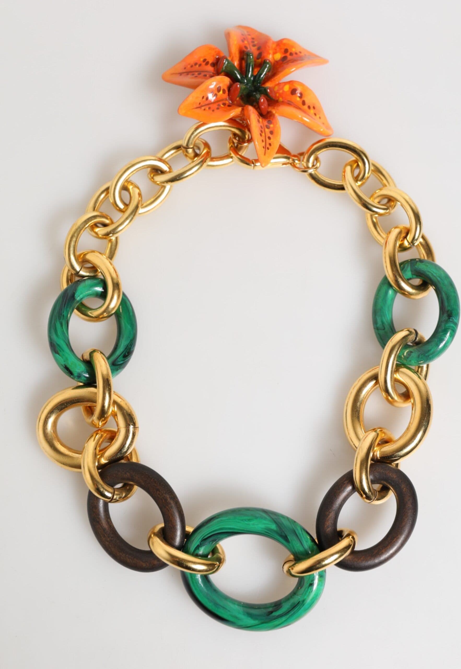 Multicolor Gold Brass Tiger Lily Floral Chai Necklace - 2