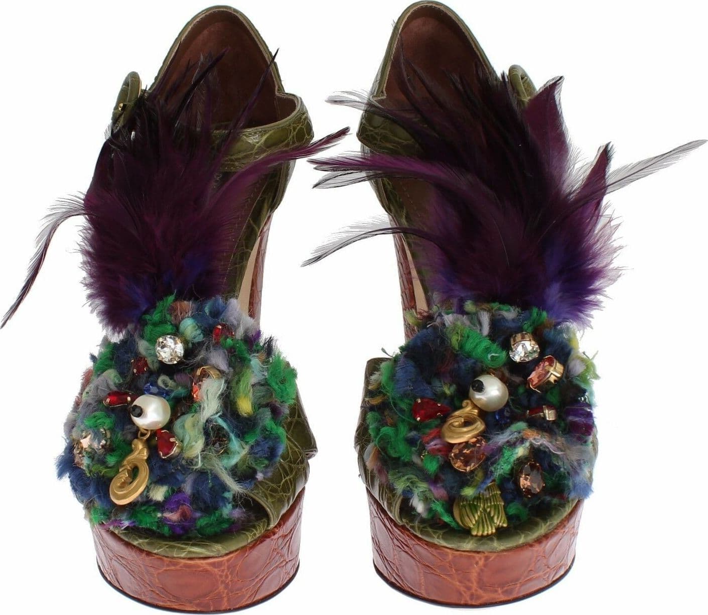 Green Leather Crystal Platform Sandal Shoes - 2