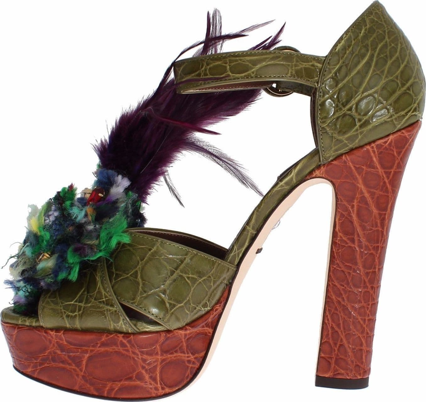 Green Leather Crystal Platform Sandal Shoes - 5