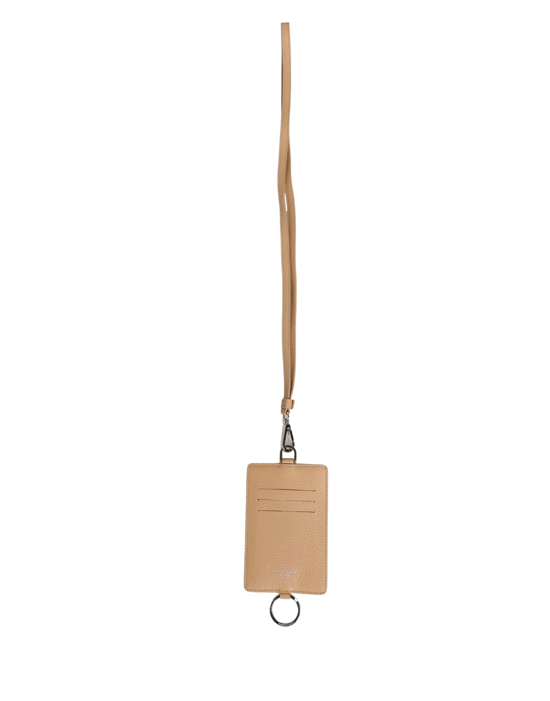 Beige Leather Logo Embossed Lanyard Card Holder Wallet - 2