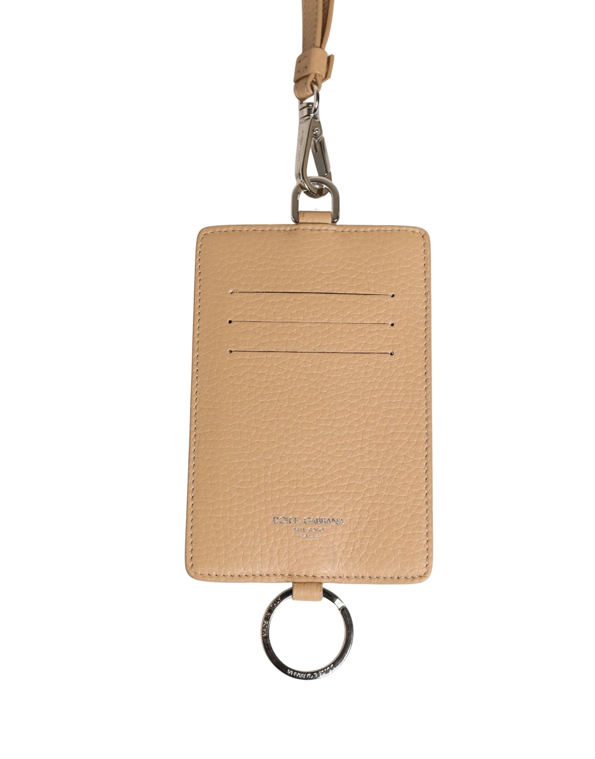 Beige Leather Logo Embossed Lanyard Card Holder Wallet - 3