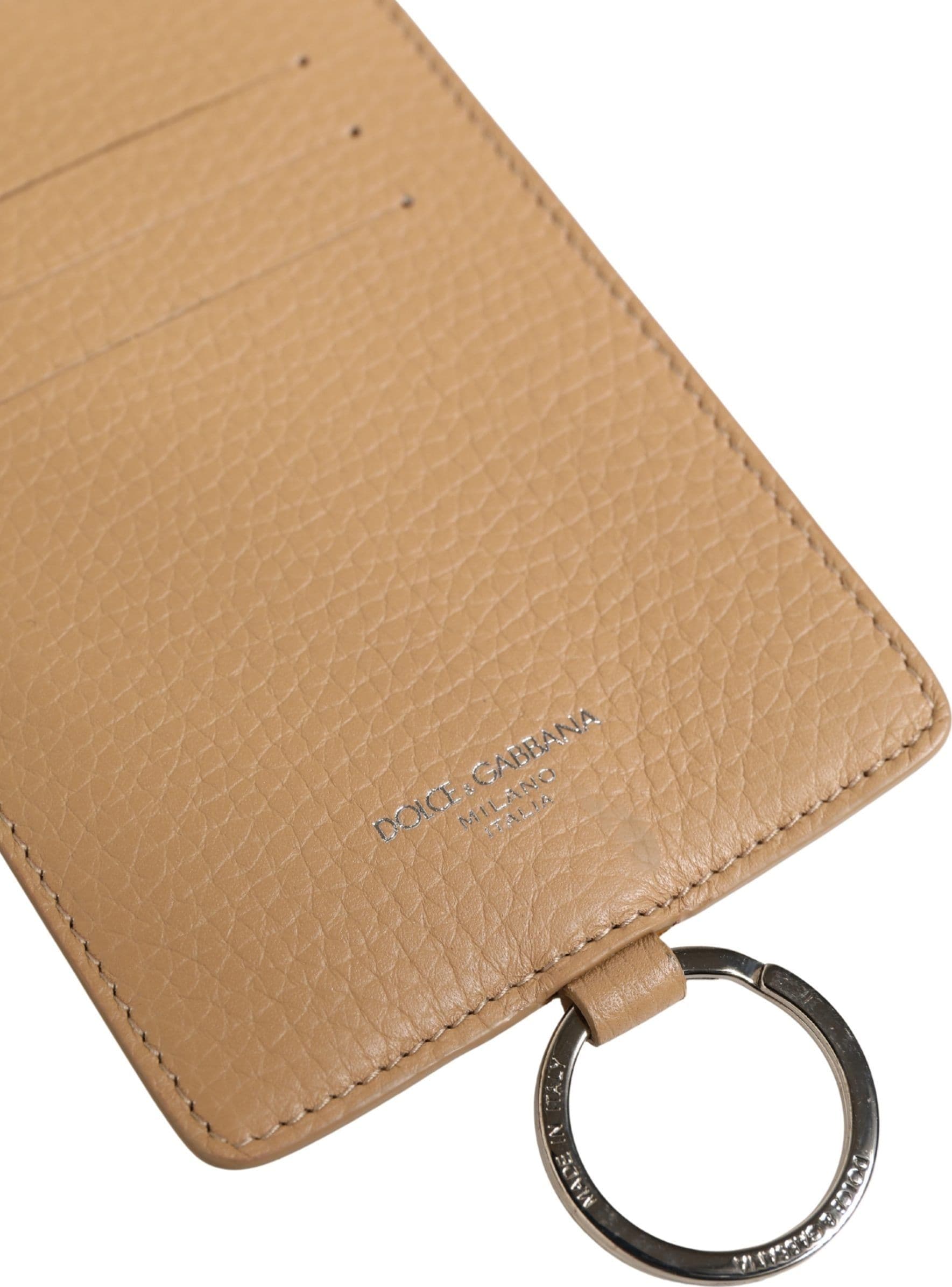 Beige Leather Logo Embossed Lanyard Card Holder Wallet - 4