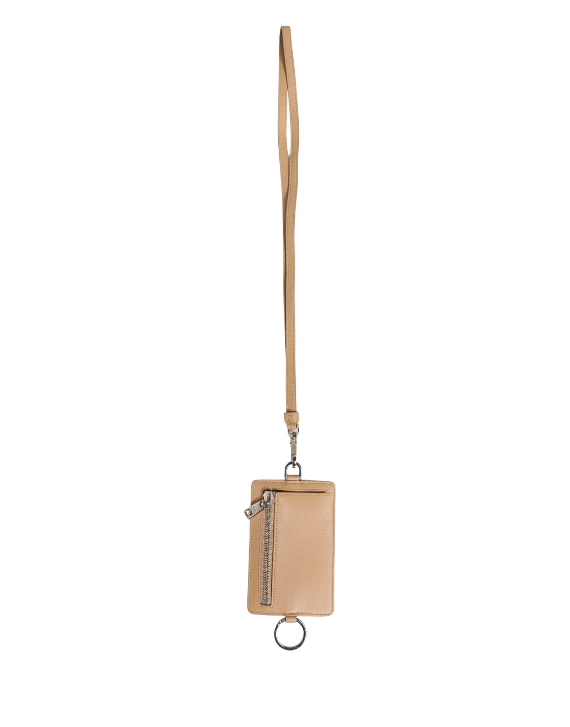 Beige Leather Logo Embossed Lanyard Card Holder Wallet - 5