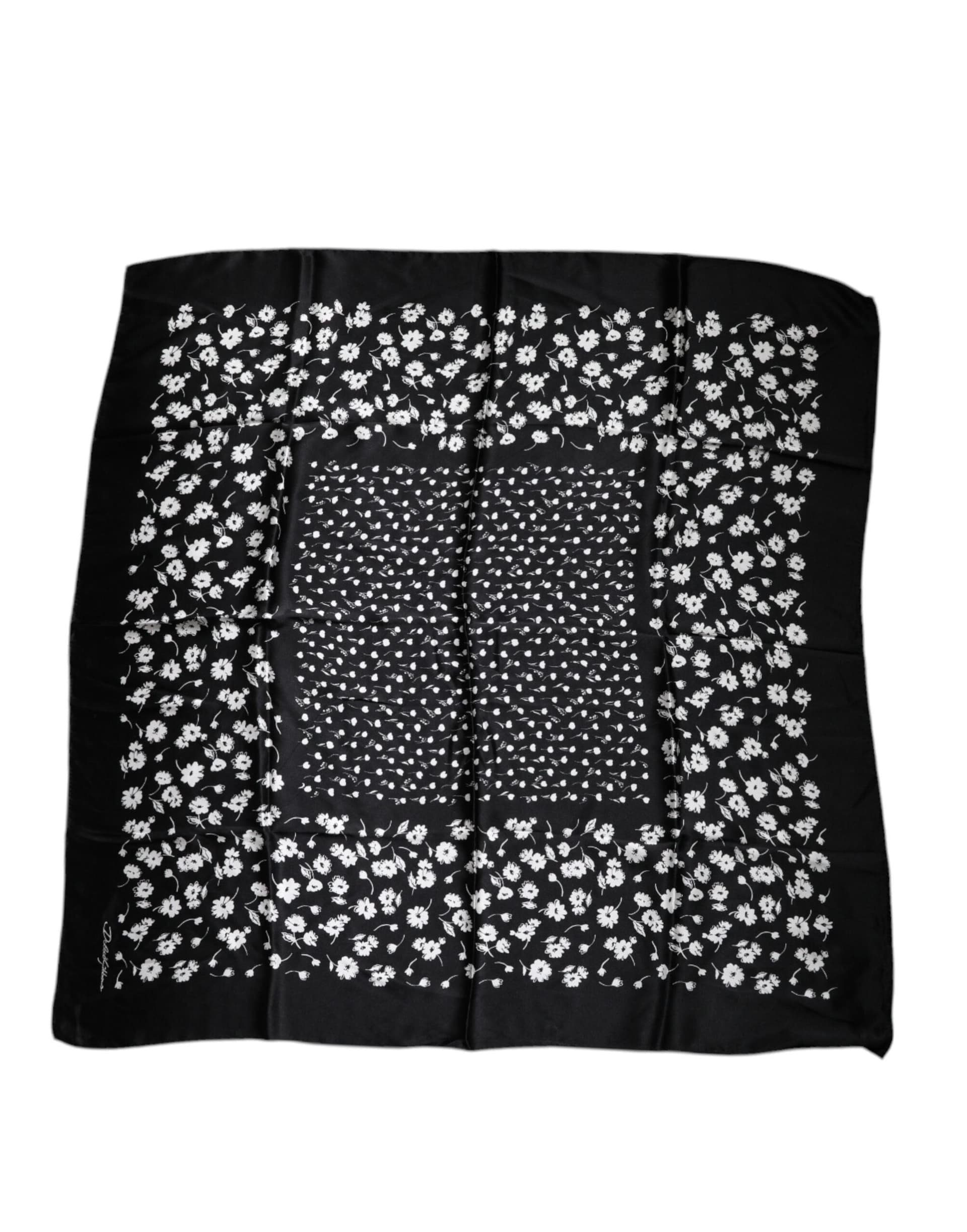 Black Floral Silk Square Wrap Shawl Scarf - 3