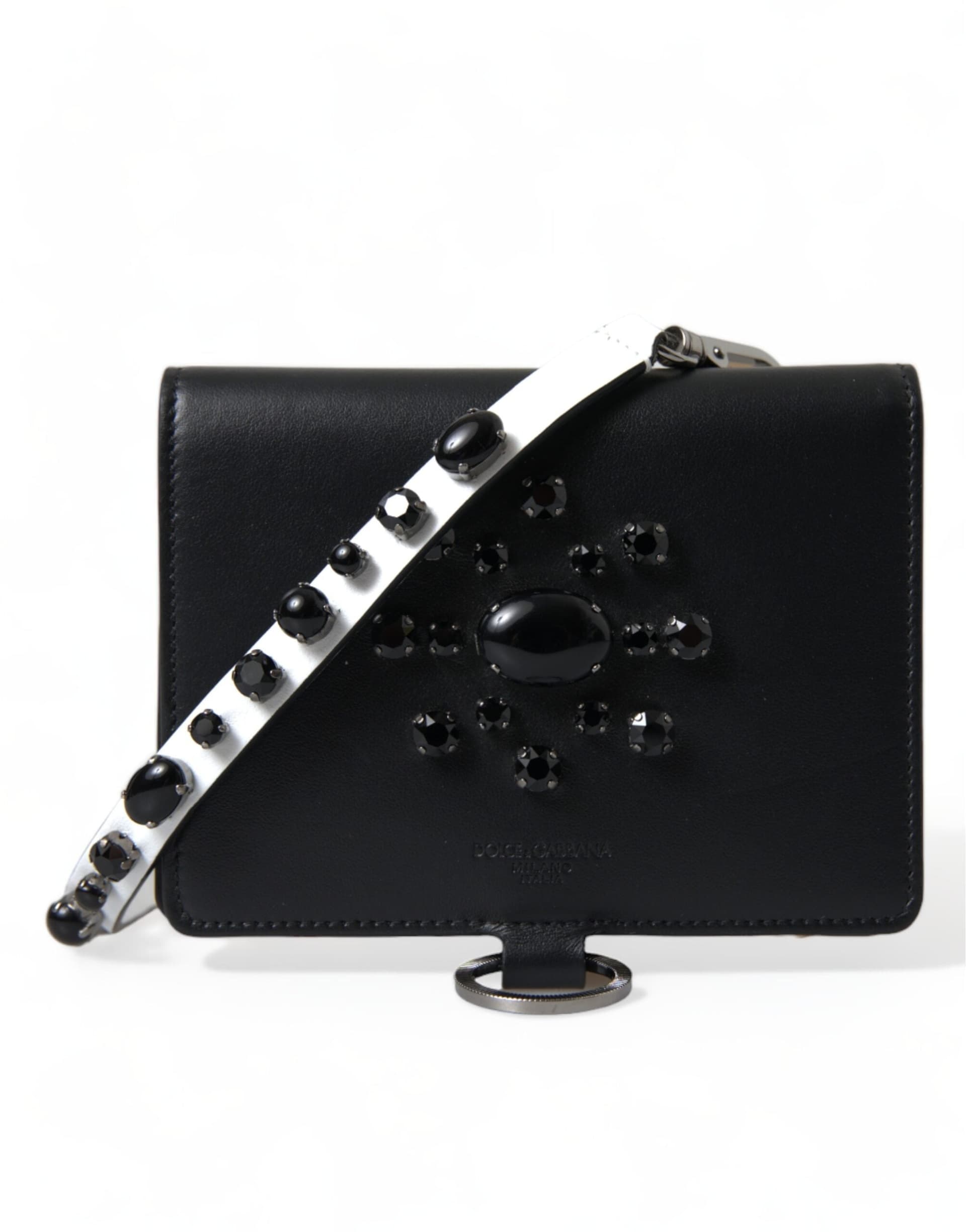 Black Leather Crystal Embellished Card Holder Wallet - 2