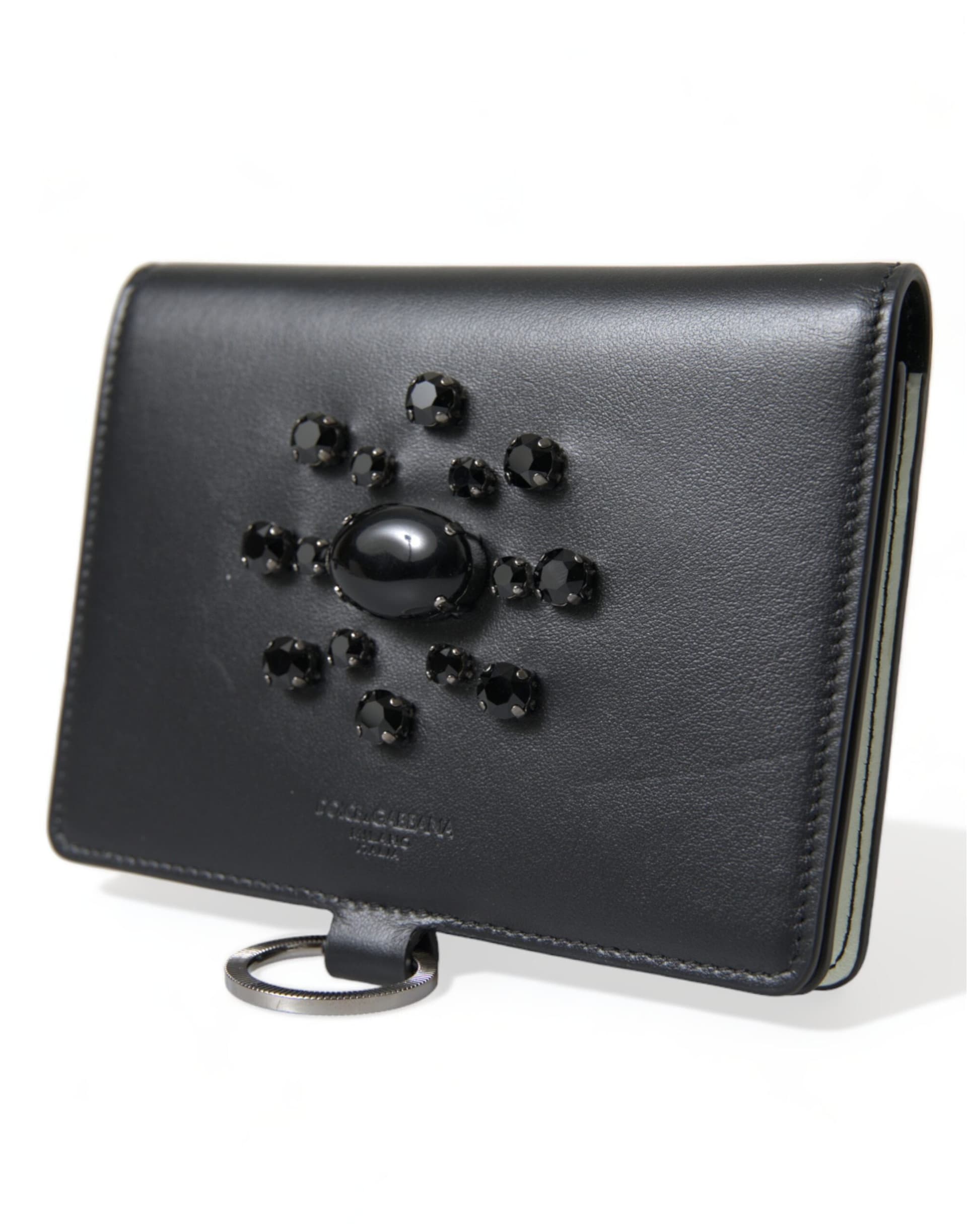 Black Leather Crystal Embellished Card Holder Wallet - 3