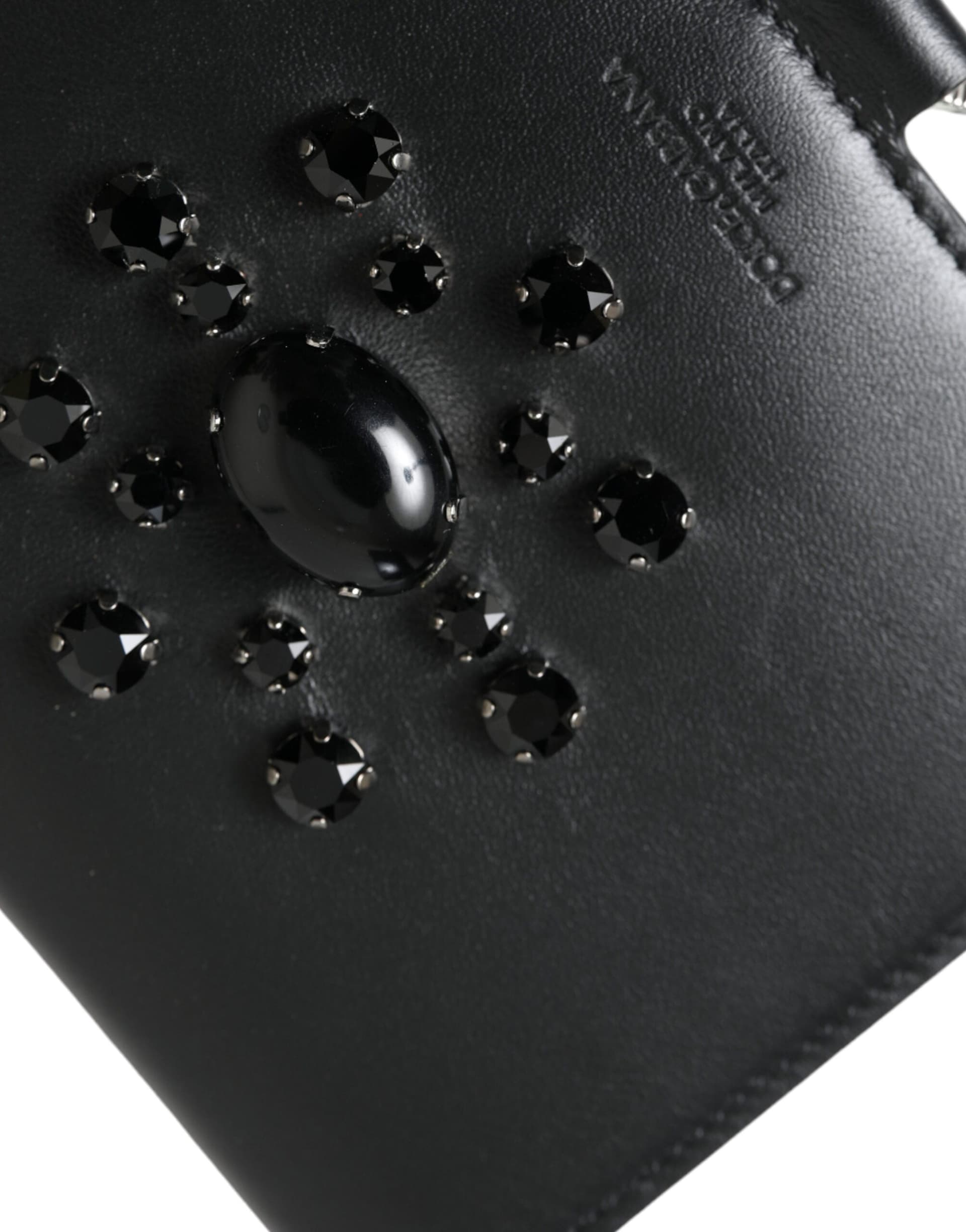 Black Leather Crystal Embellished Card Holder Wallet - 5