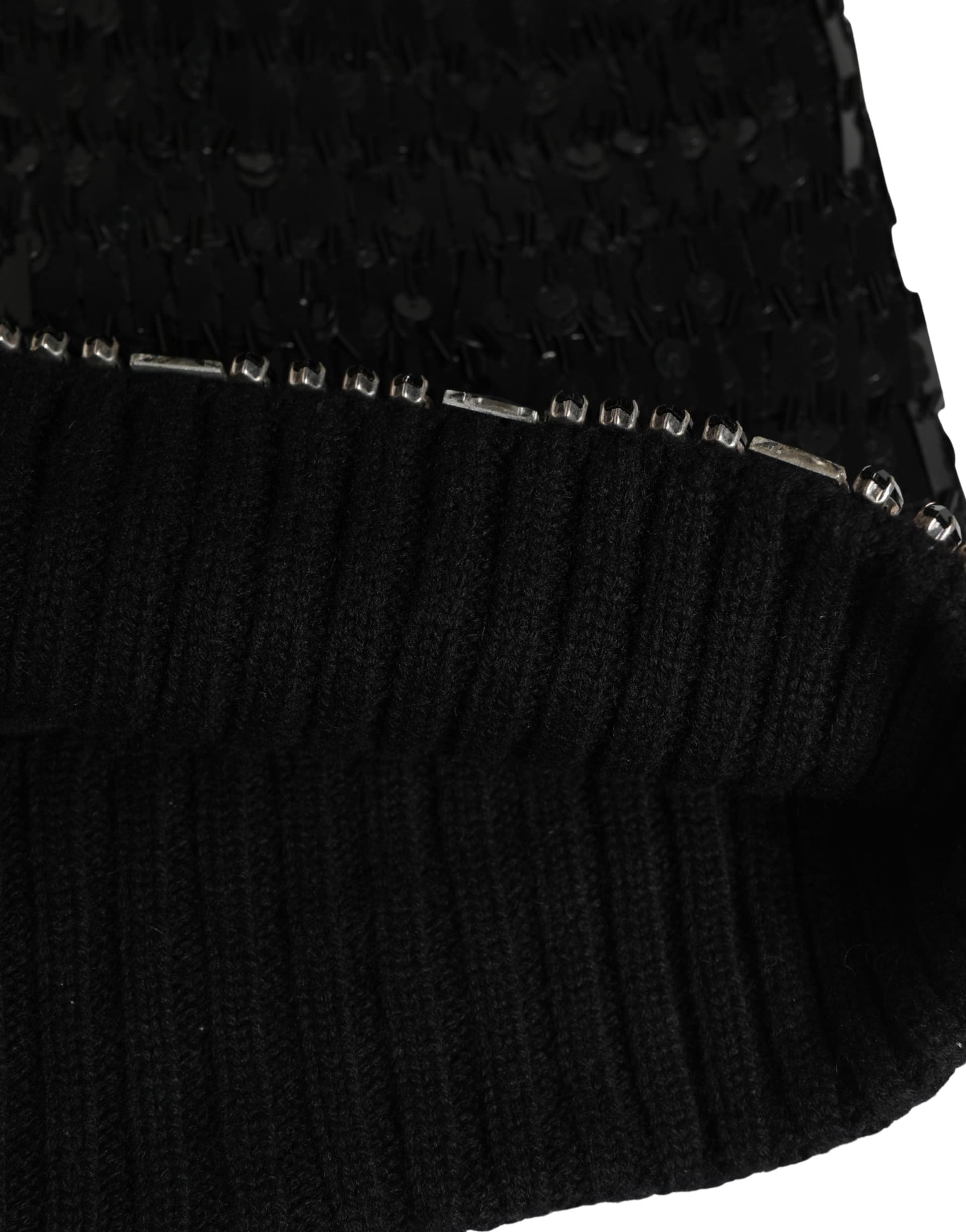 Black Wool Crystal Embellished Balaclava Hat - 5