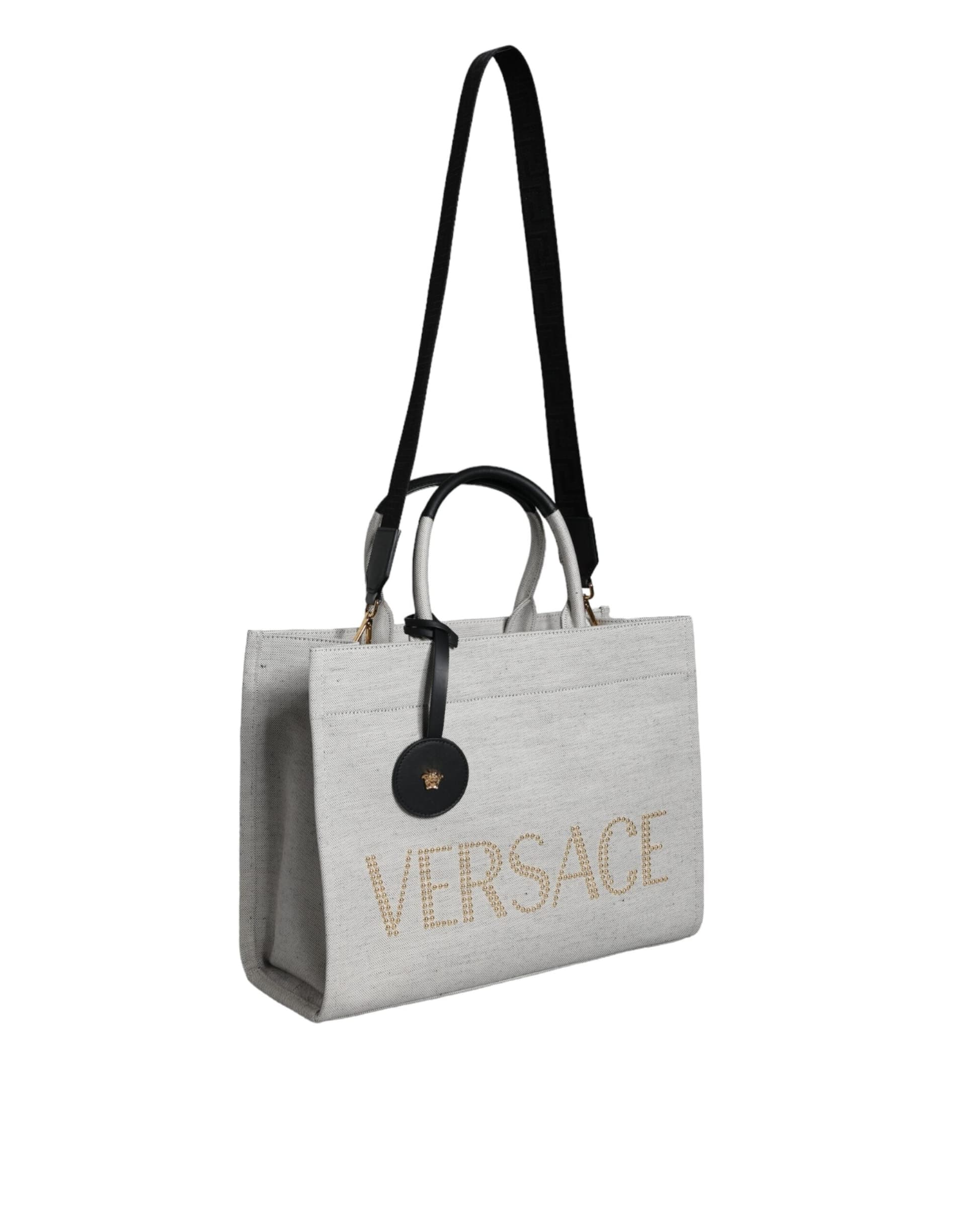 White Top Handle Canvas Leather Logo Crossbody Tote Bag - 2