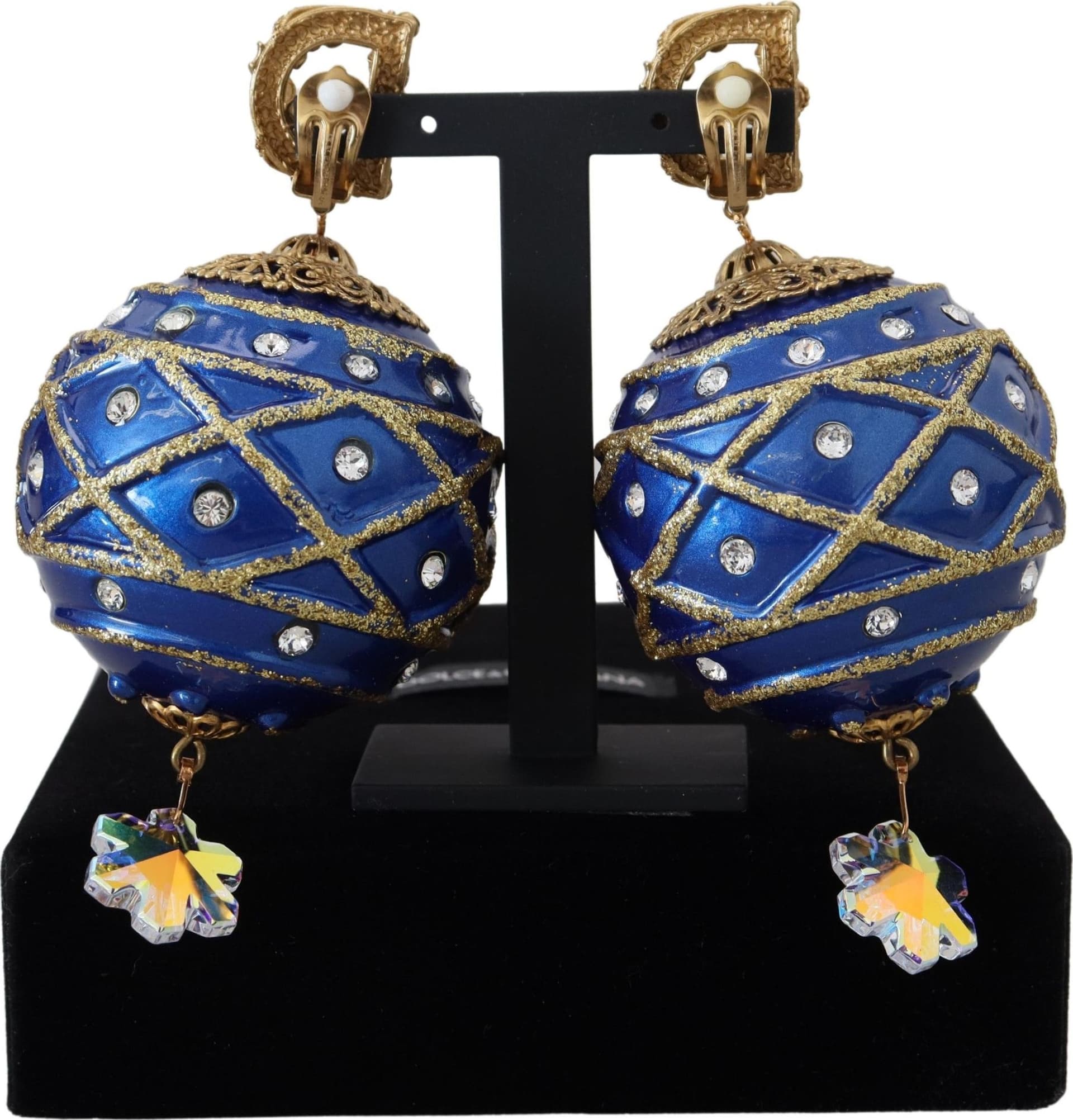 Gold Brass Blue Dangle Ball Crystal Clip On Earrings - 3