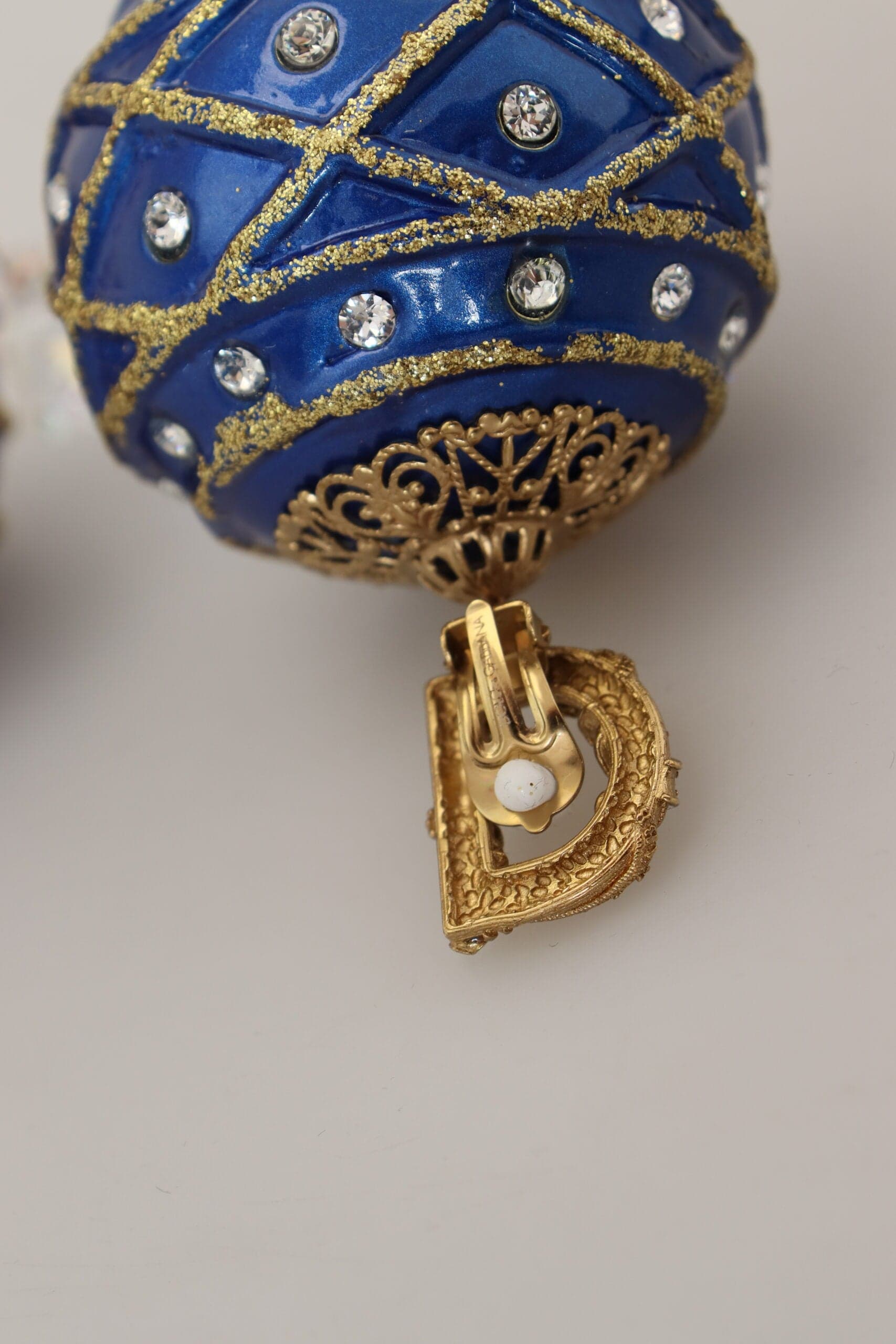 Gold Brass Blue Dangle Ball Crystal Clip On Earrings - 7