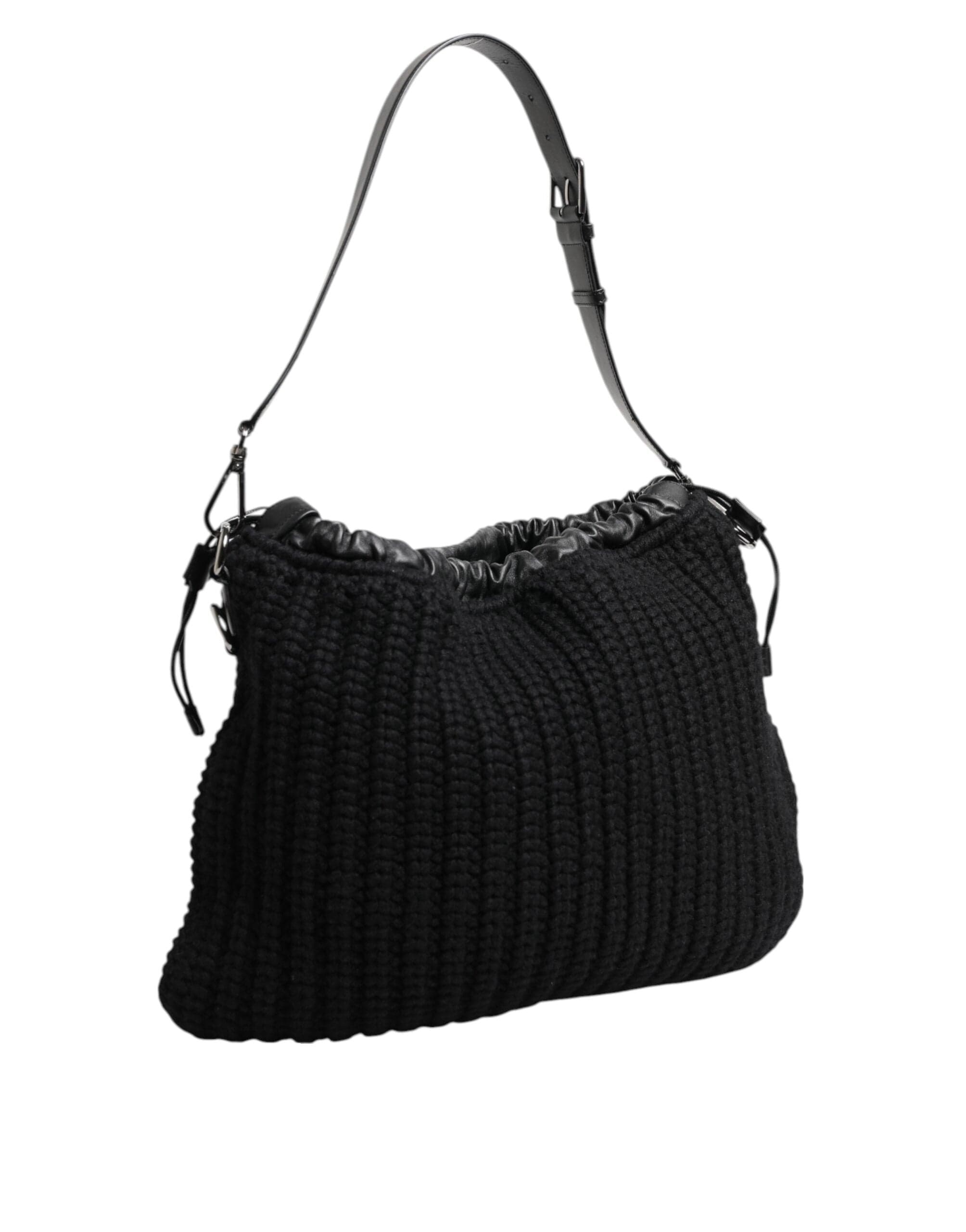 Black Cashmere Knitted Leather Shoulder Women Borse Bag - 3