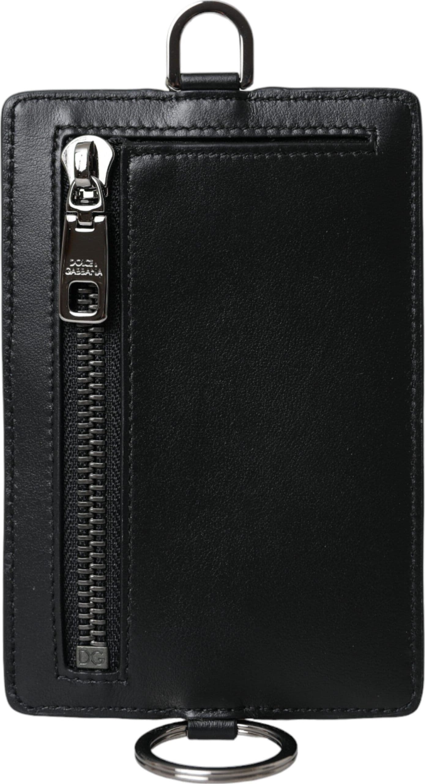Black Calf Leather Lanyard Logo Card Holder Men Wallet - 3