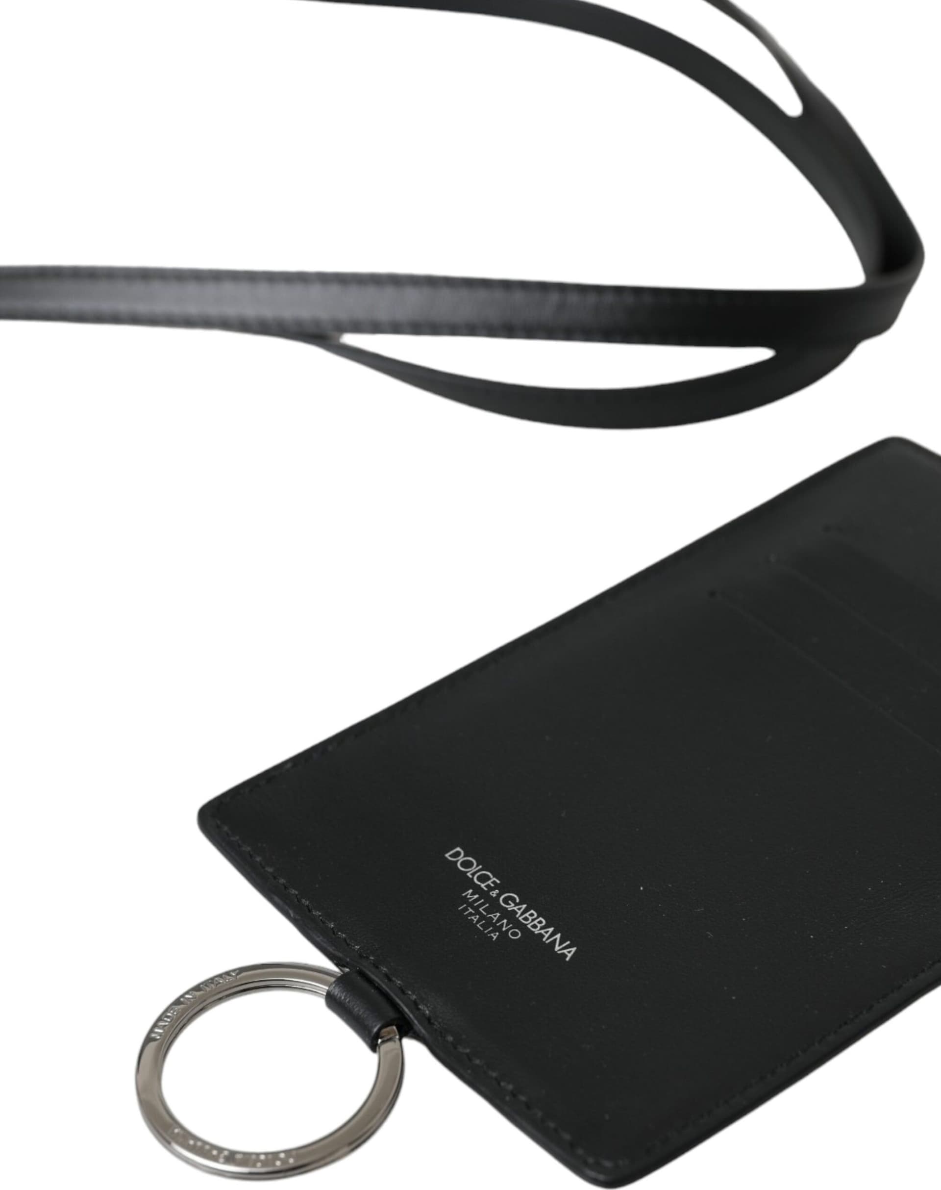 Black Calf Leather Lanyard Logo Card Holder Men Wallet - 4
